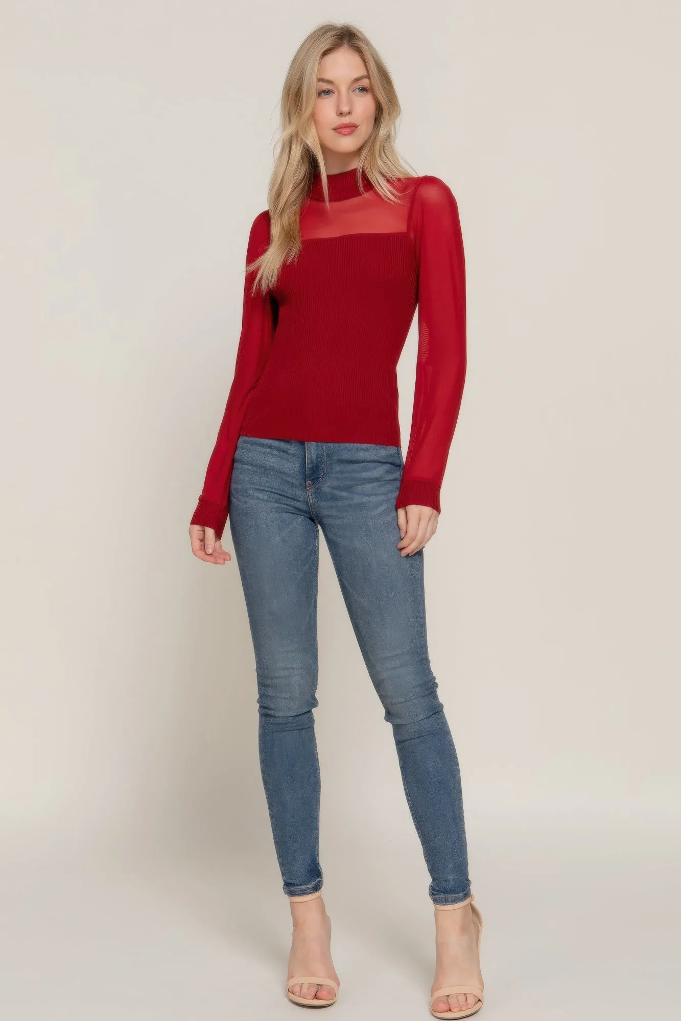 FASHNZFAB Women's Long Slv Mesh Panel Detail Sweater Top