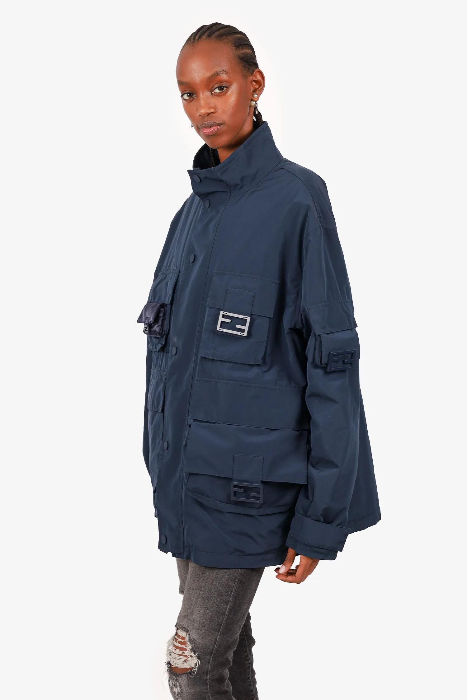 Fendi Navy Multi Pocket Detachable-Liner Funnel-Neck Jacket Size 48 Mens