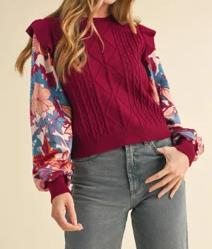 Floral Sleeve Sweater In Maroon