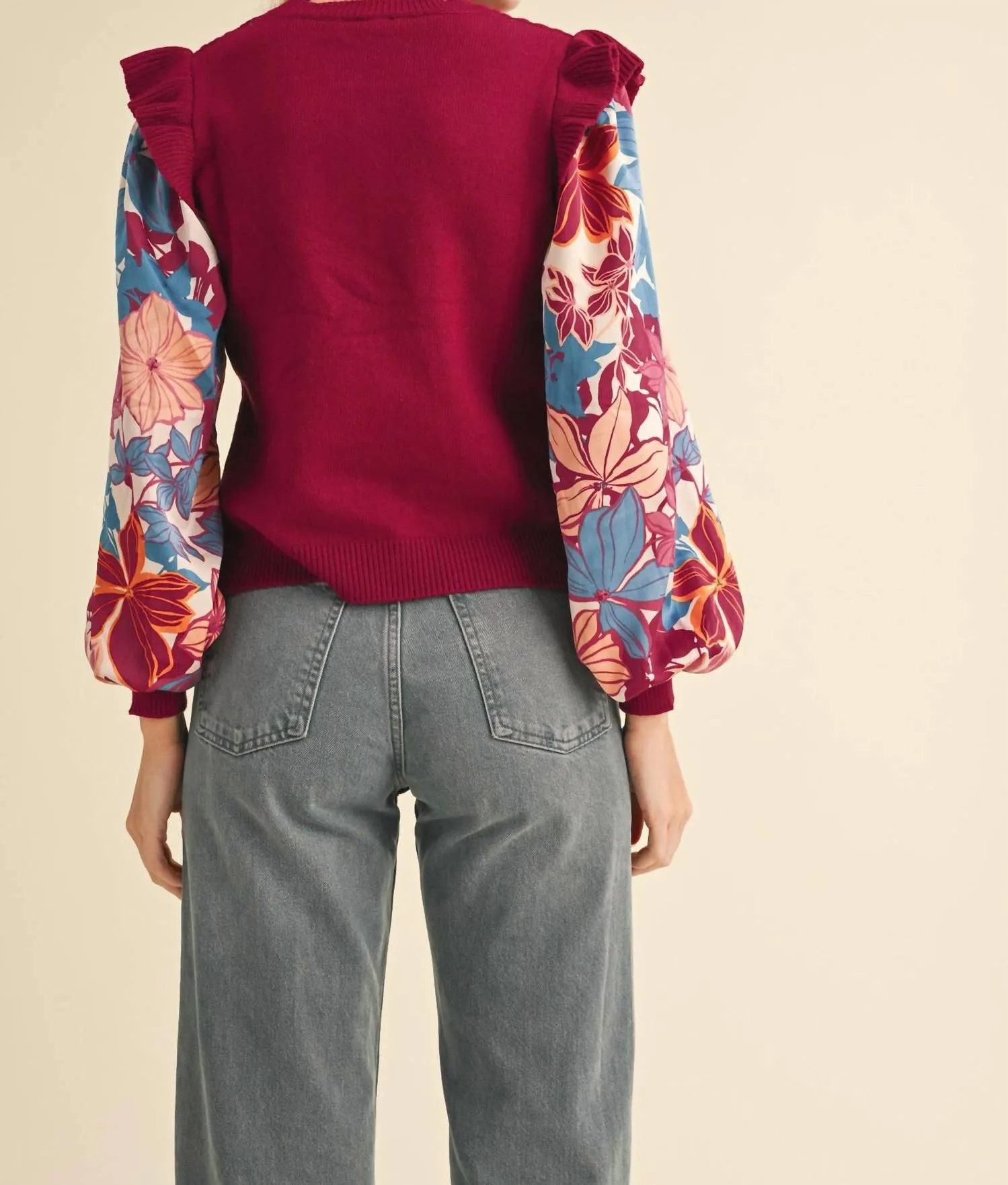 Floral Sleeve Sweater In Maroon