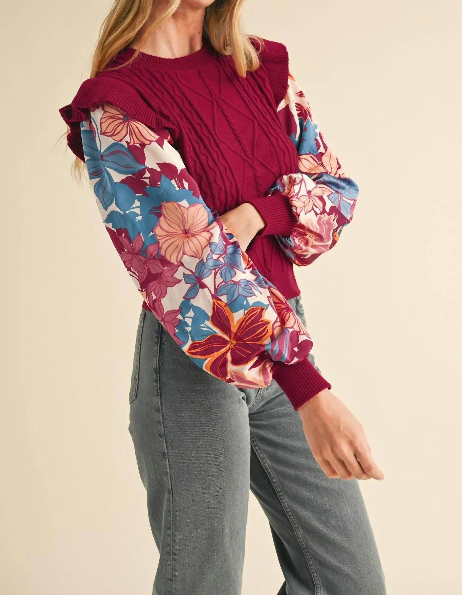 Floral Sleeve Sweater In Maroon