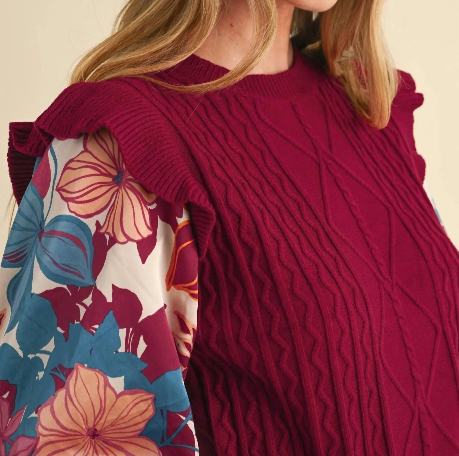 Floral Sleeve Sweater In Maroon