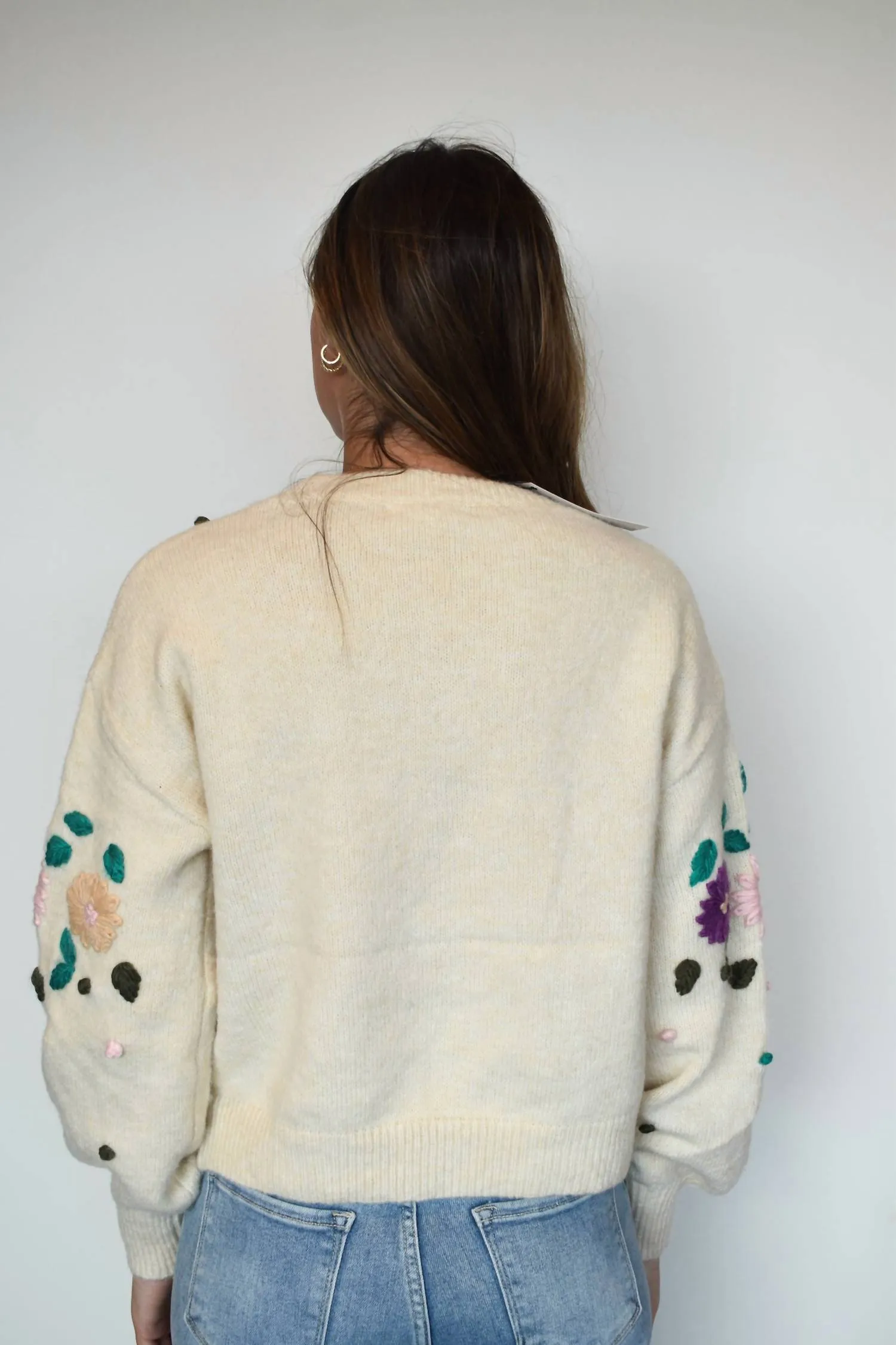 Floral Stitch Knit Sweater In Beige