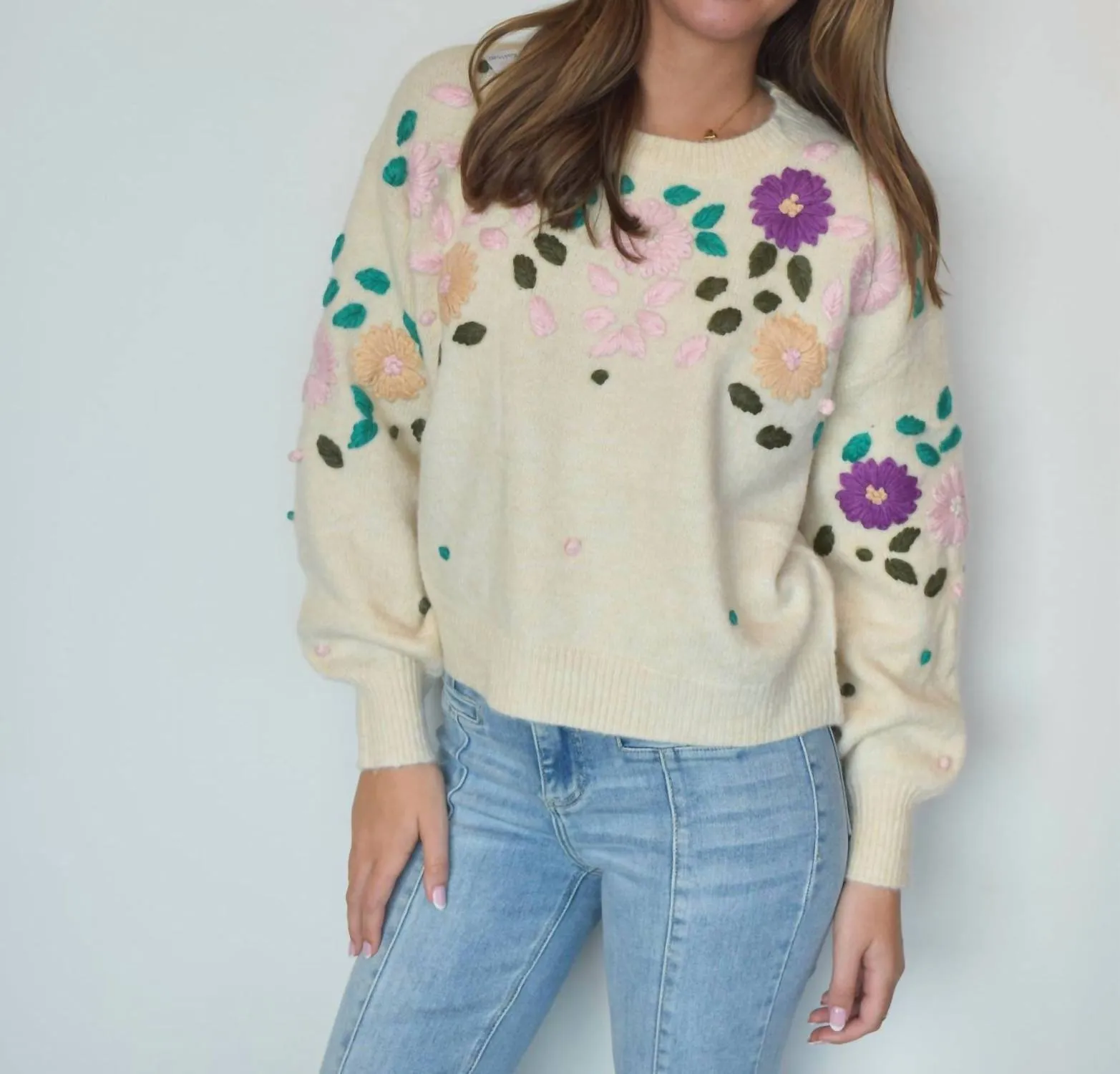 Floral Stitch Knit Sweater In Beige