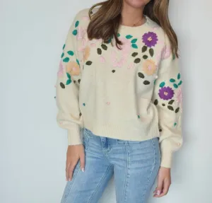 Floral Stitch Knit Sweater In Beige