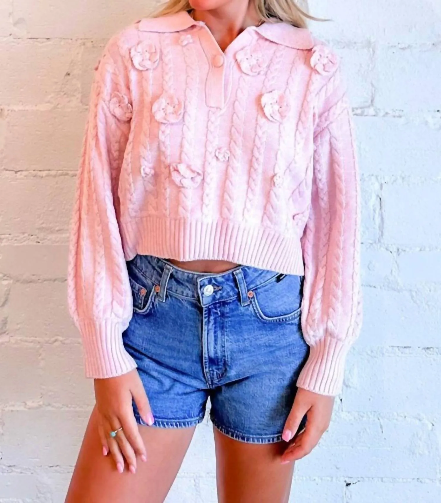 Flower Deco Knit Sweater In Pink
