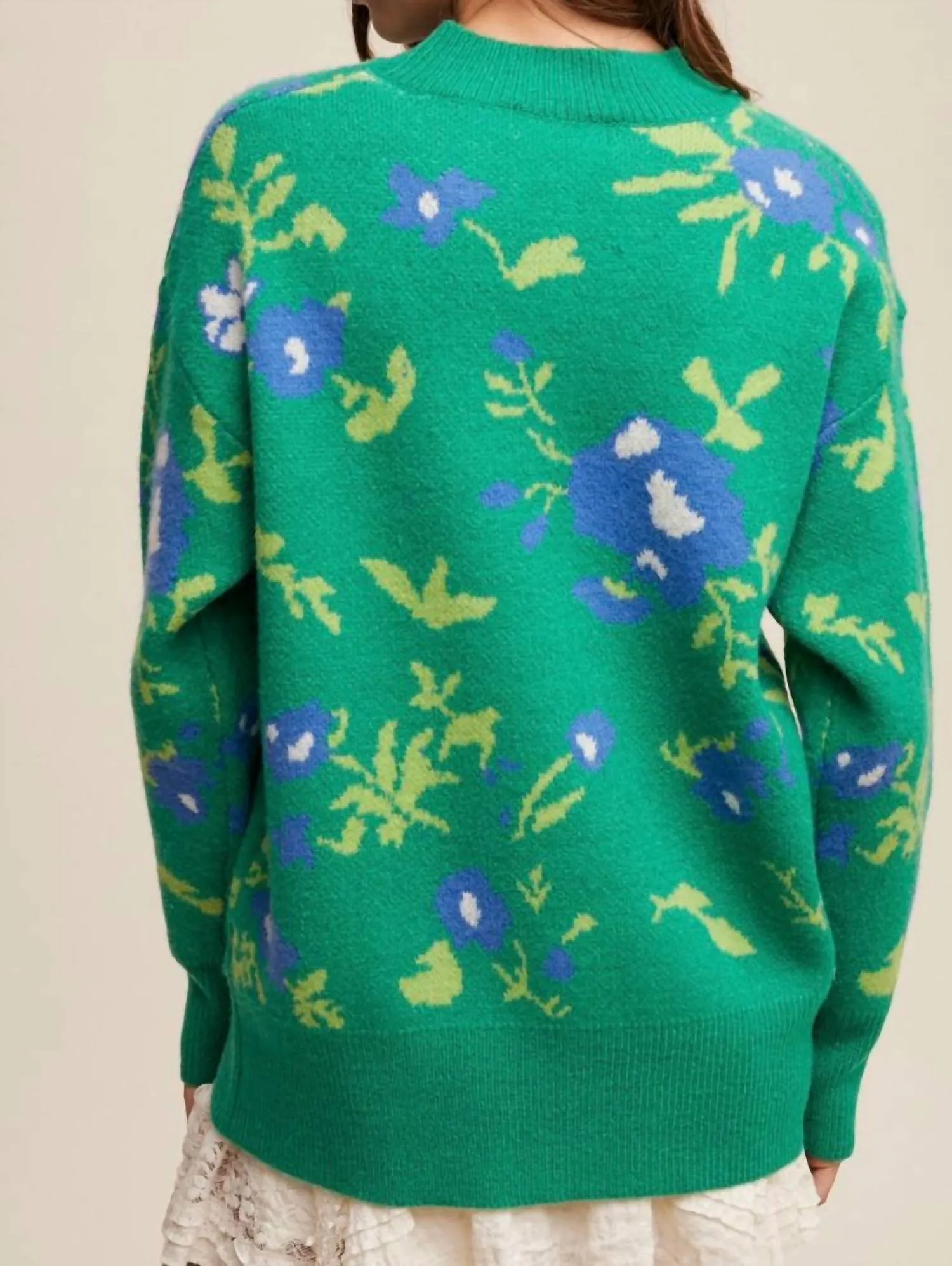Flower Pattern Pullover Knit Sweater In Green