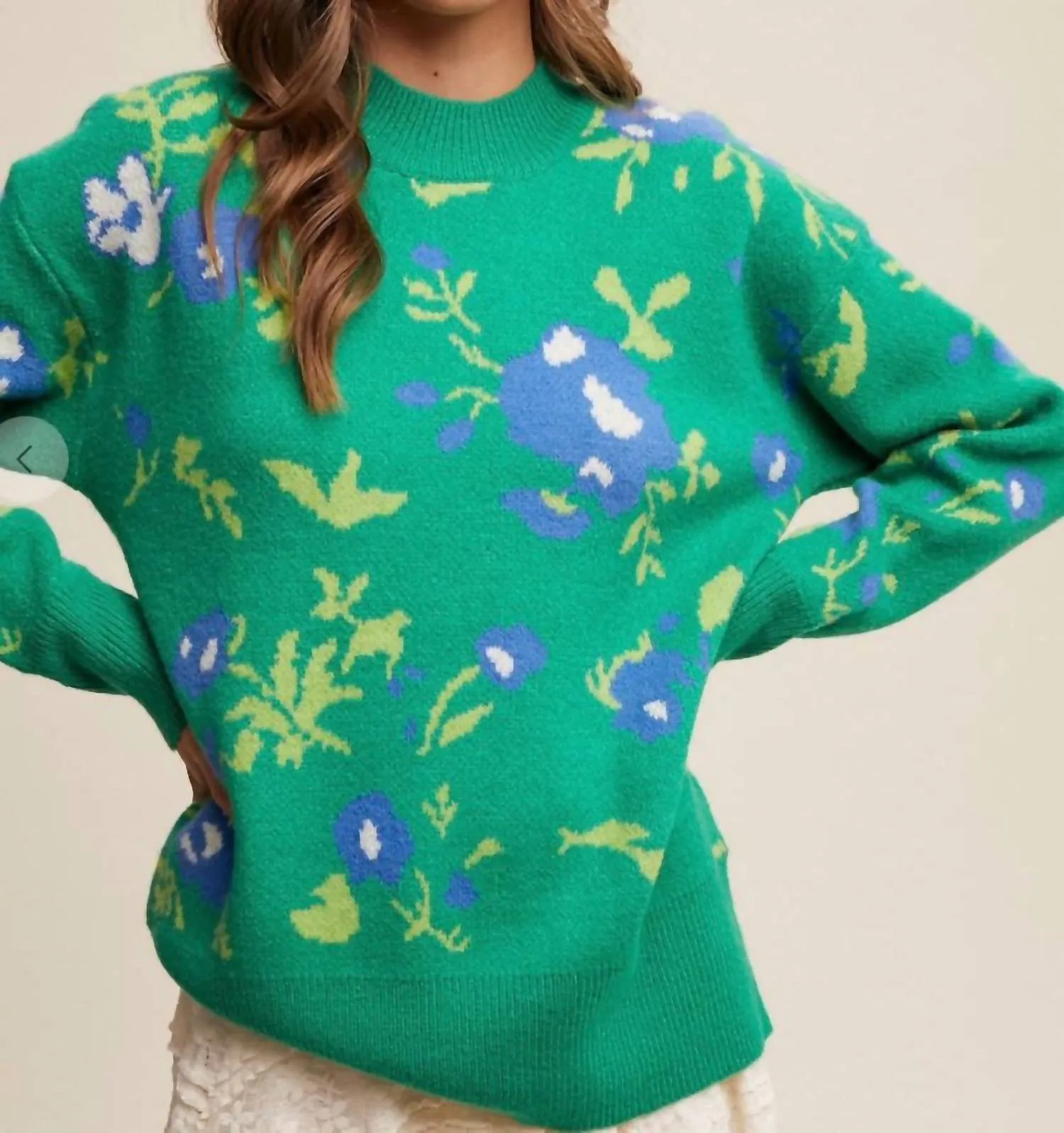 Flower Pattern Pullover Knit Sweater In Green