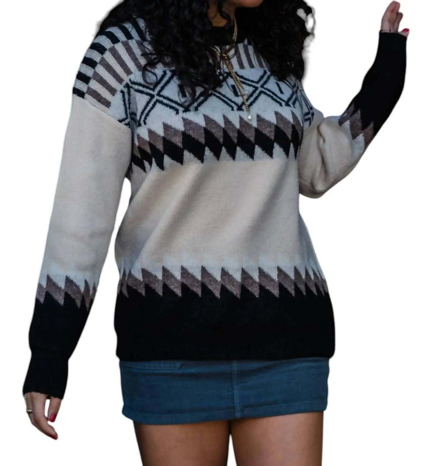 Geo Print Sweater In Beige