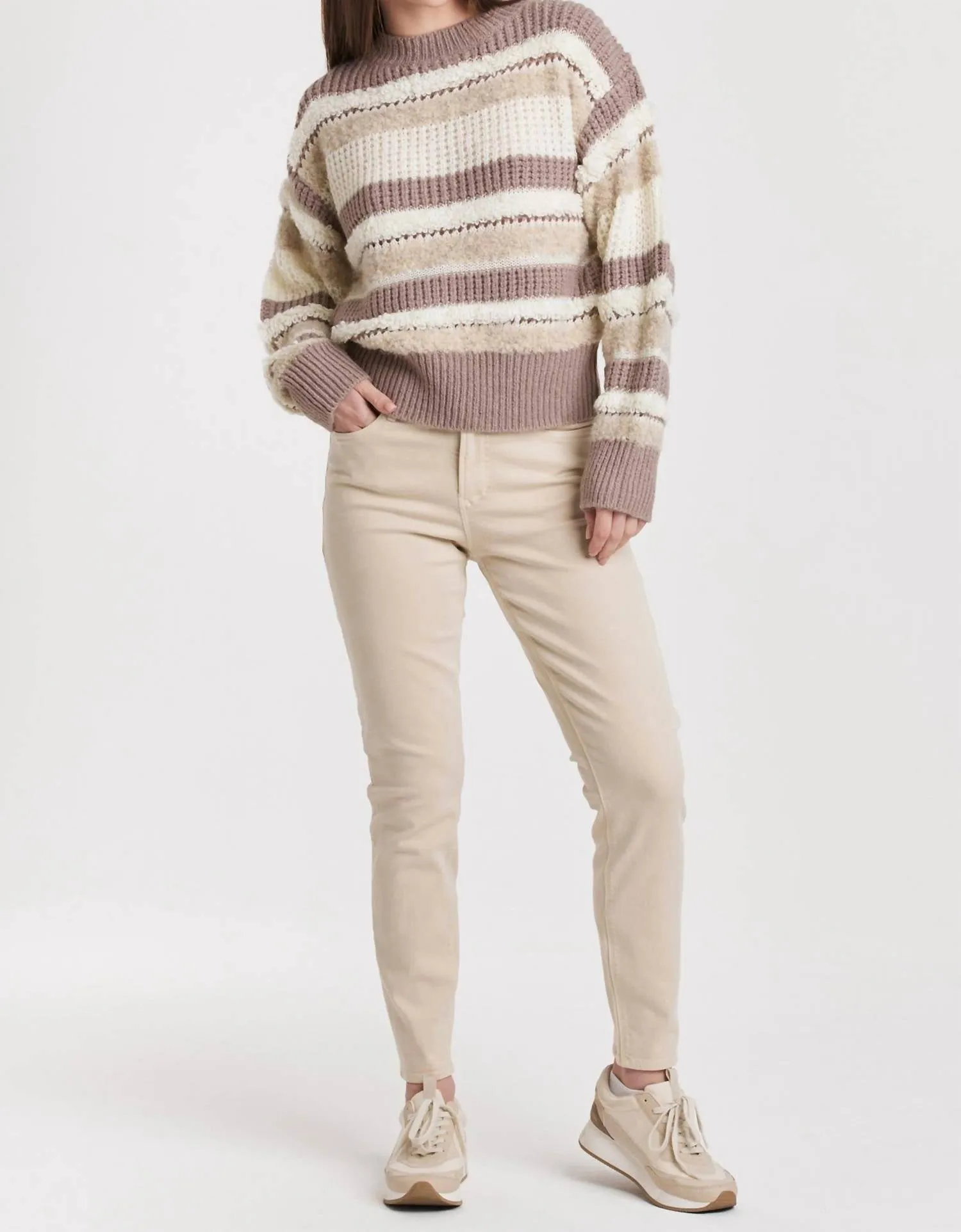 Georgina Drop Shoulder Mixed Fuzzy Stripe Sweater In Ash Violet Stripes