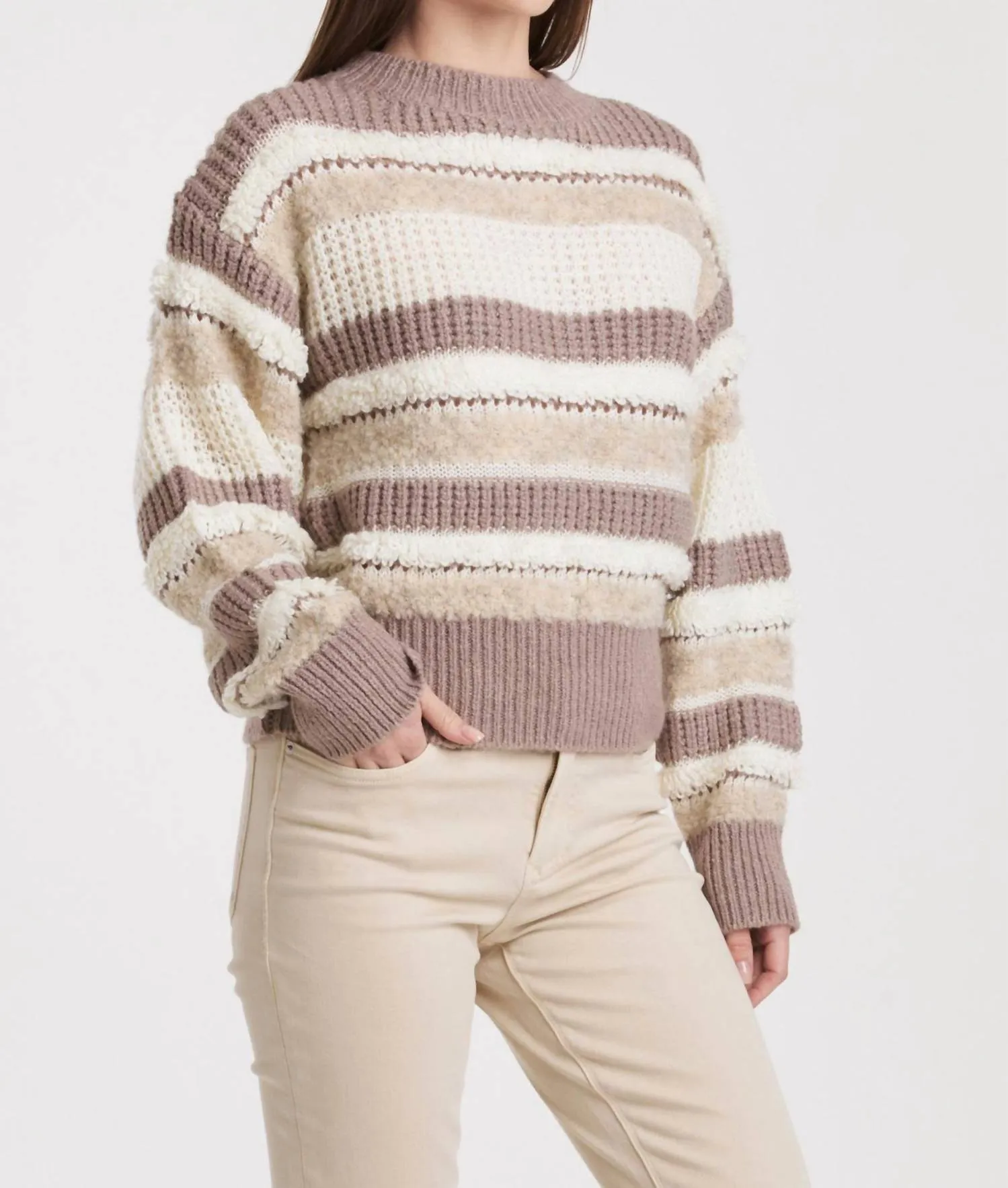 Georgina Drop Shoulder Mixed Fuzzy Stripe Sweater In Ash Violet Stripes