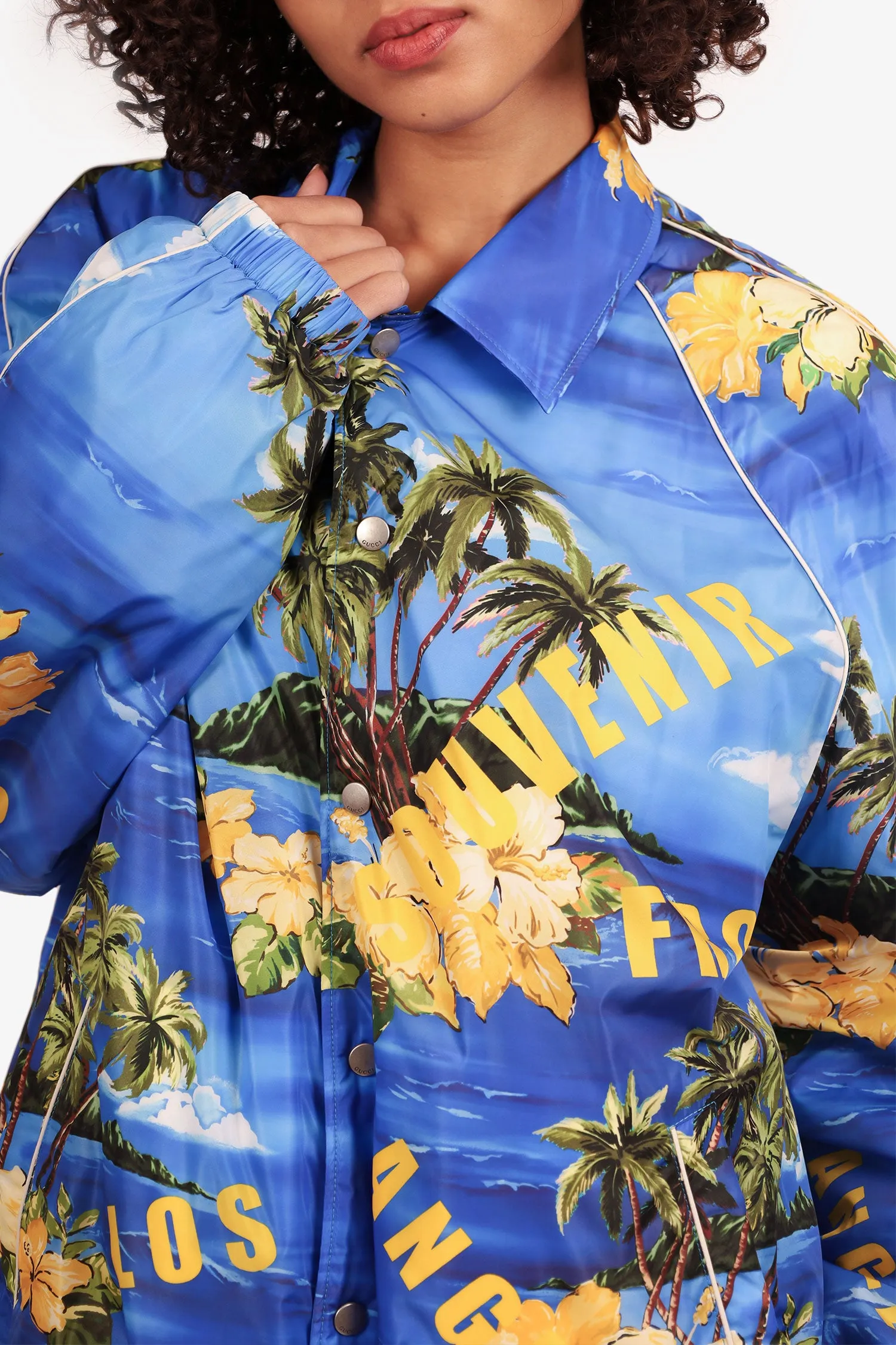 Gucci Blue/Yellow Nylon Palm Tree Printed Jacket Size 52 Mens