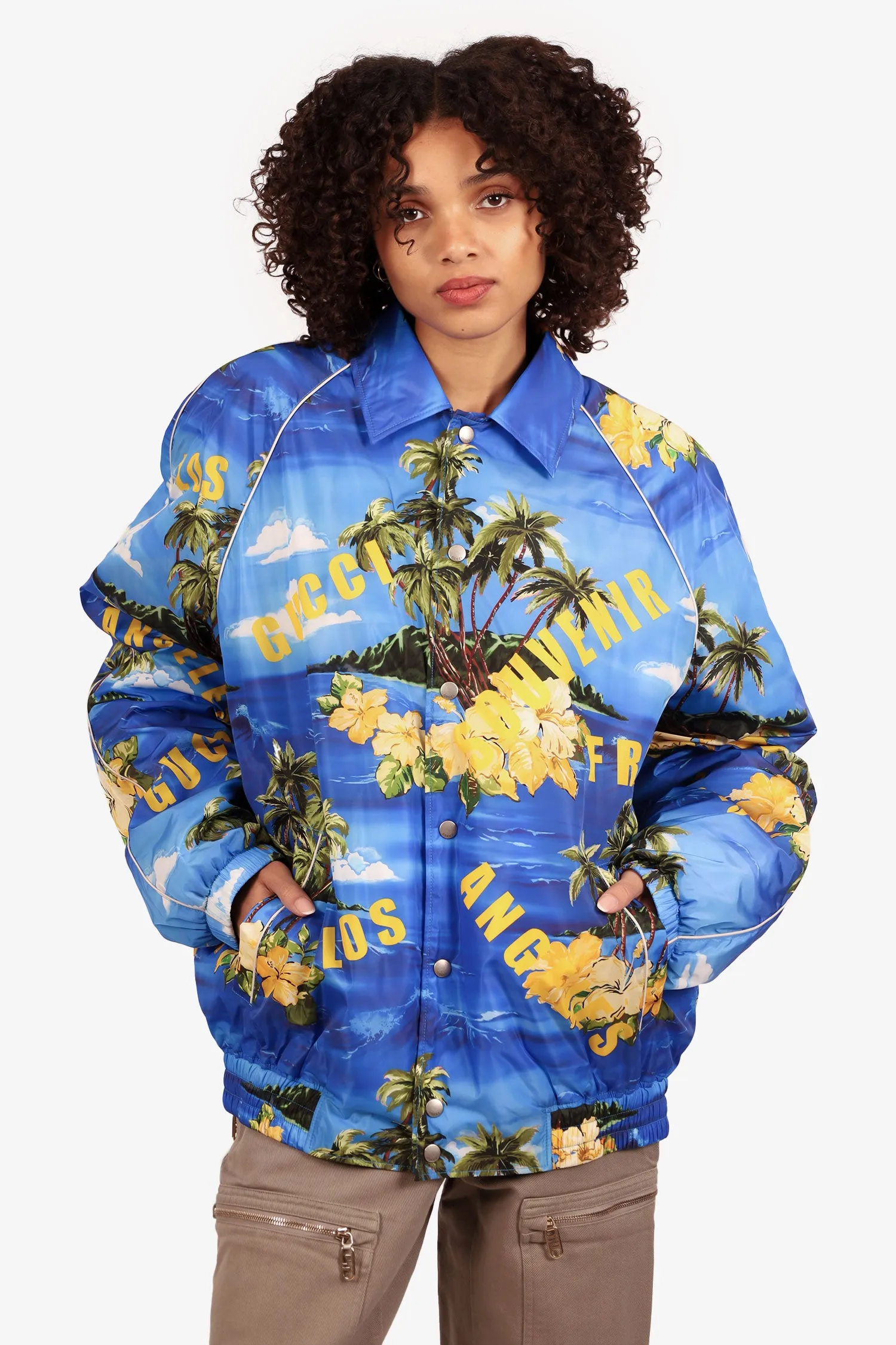 Gucci Blue/Yellow Nylon Palm Tree Printed Jacket Size 52 Mens