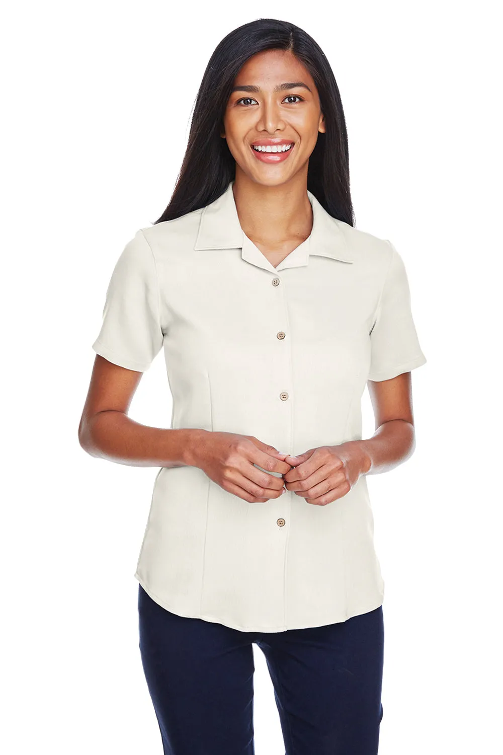Harriton Womens Bahama Wrinkle Resistant Short Sleeve Button Down Camp Shirt - Cream