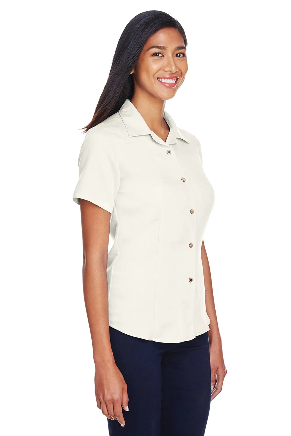 Harriton Womens Bahama Wrinkle Resistant Short Sleeve Button Down Camp Shirt - Cream