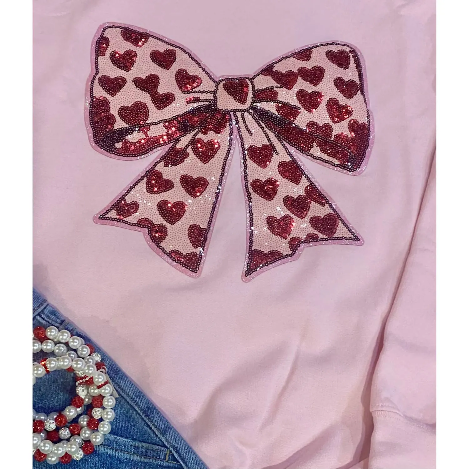 Heart Bow Sequin Sweatshirt In Light Pink