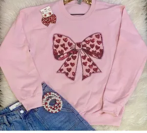 Heart Bow Sequin Sweatshirt In Light Pink