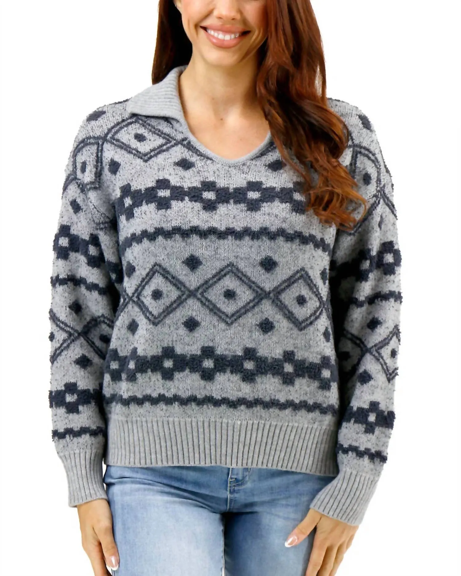 Intarsia Knit Sweater In Cloud Mixed Grey