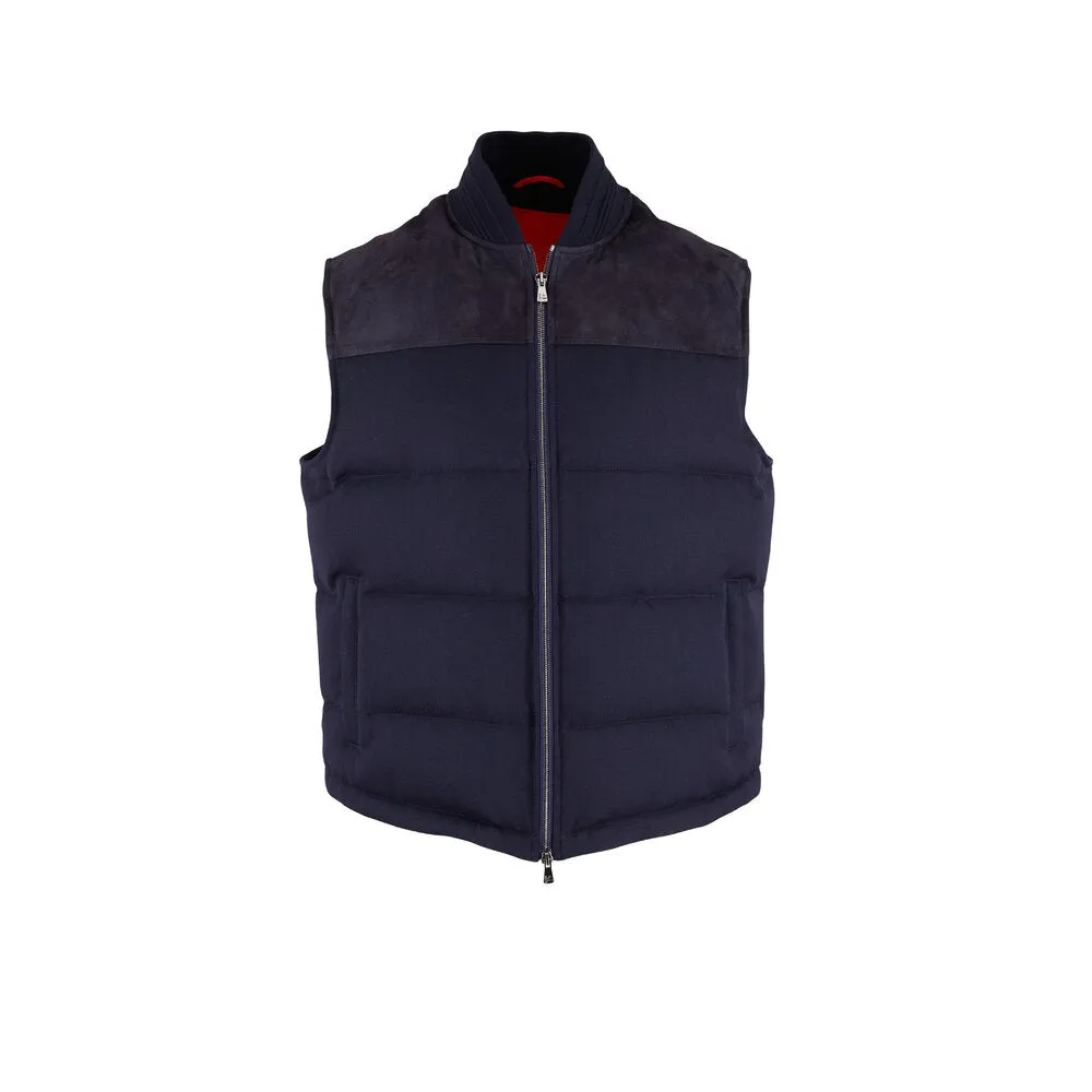 Isaia Mens Navy Blue Quilted Suede Contrast Wool Vest