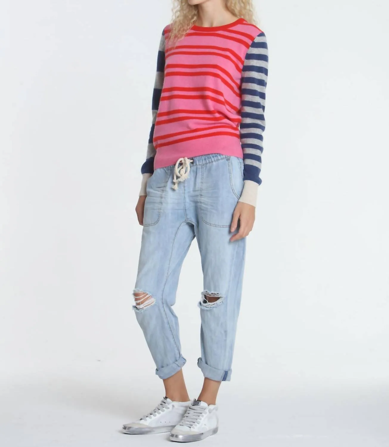 Jessie Stripe Crew Sweater In Pink