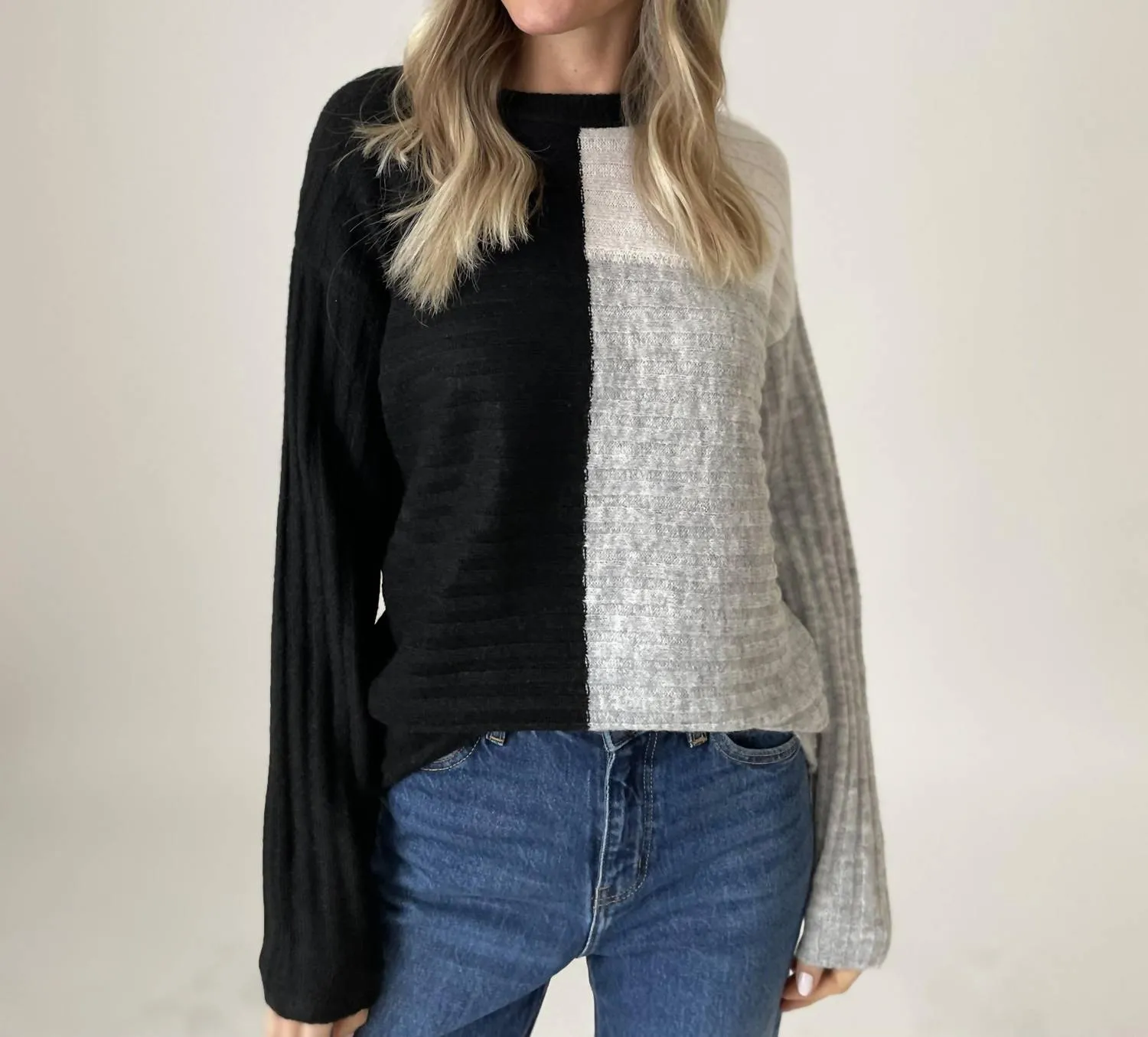 Joanna Color Block Ribbed Sweater In Black