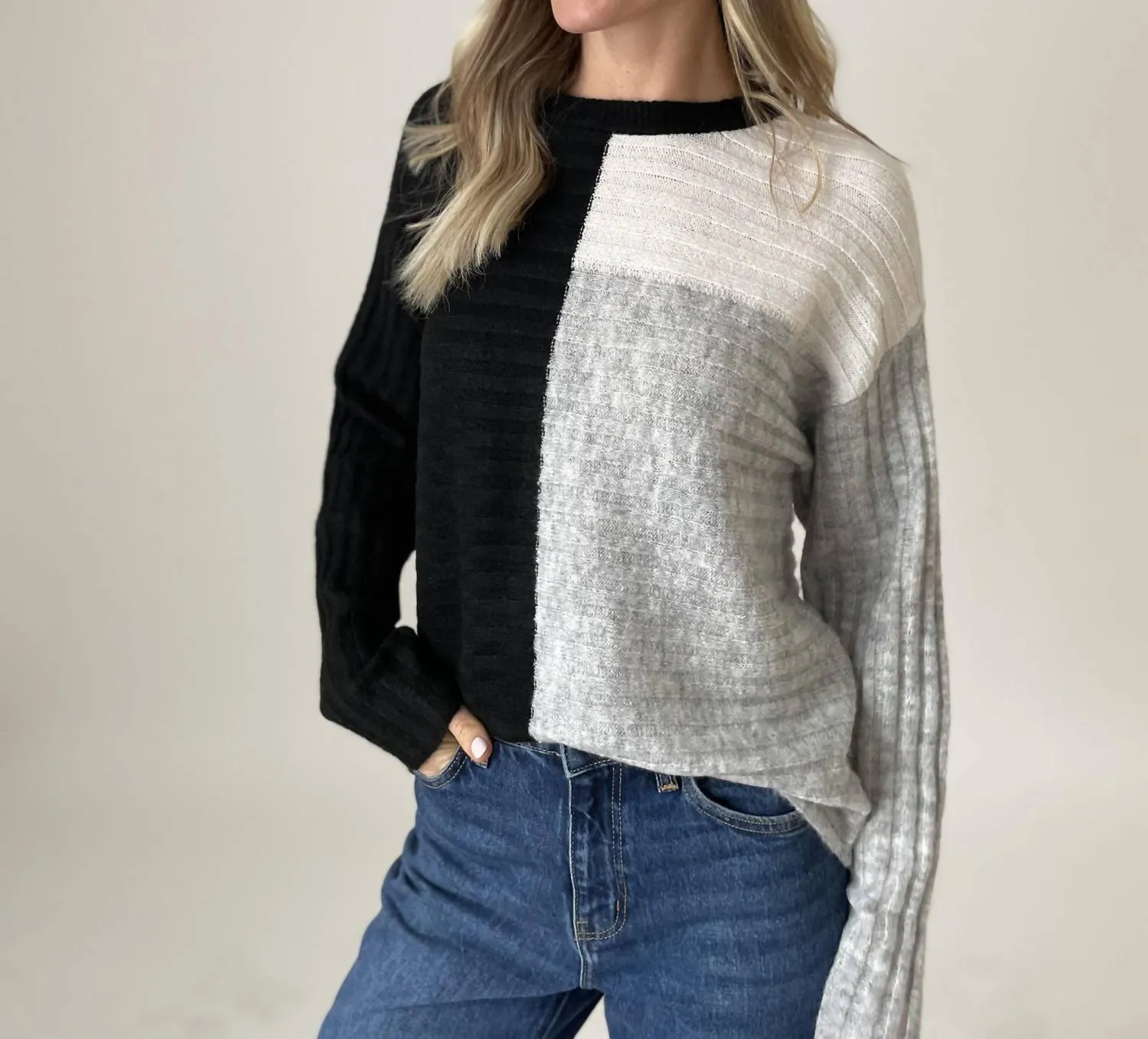 Joanna Color Block Ribbed Sweater In Black