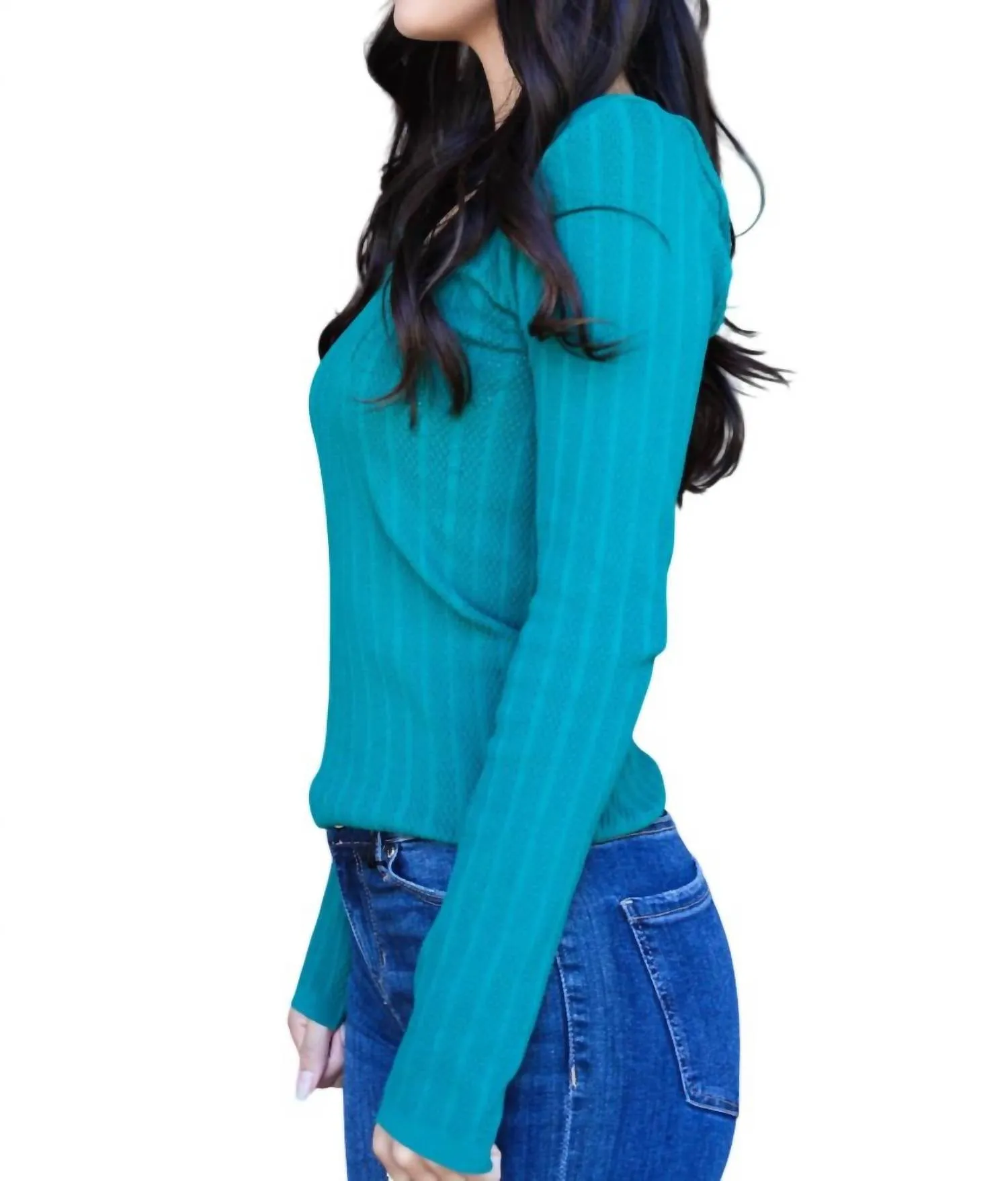 Lace Long Sleeve U-Neckline Top In Emerald