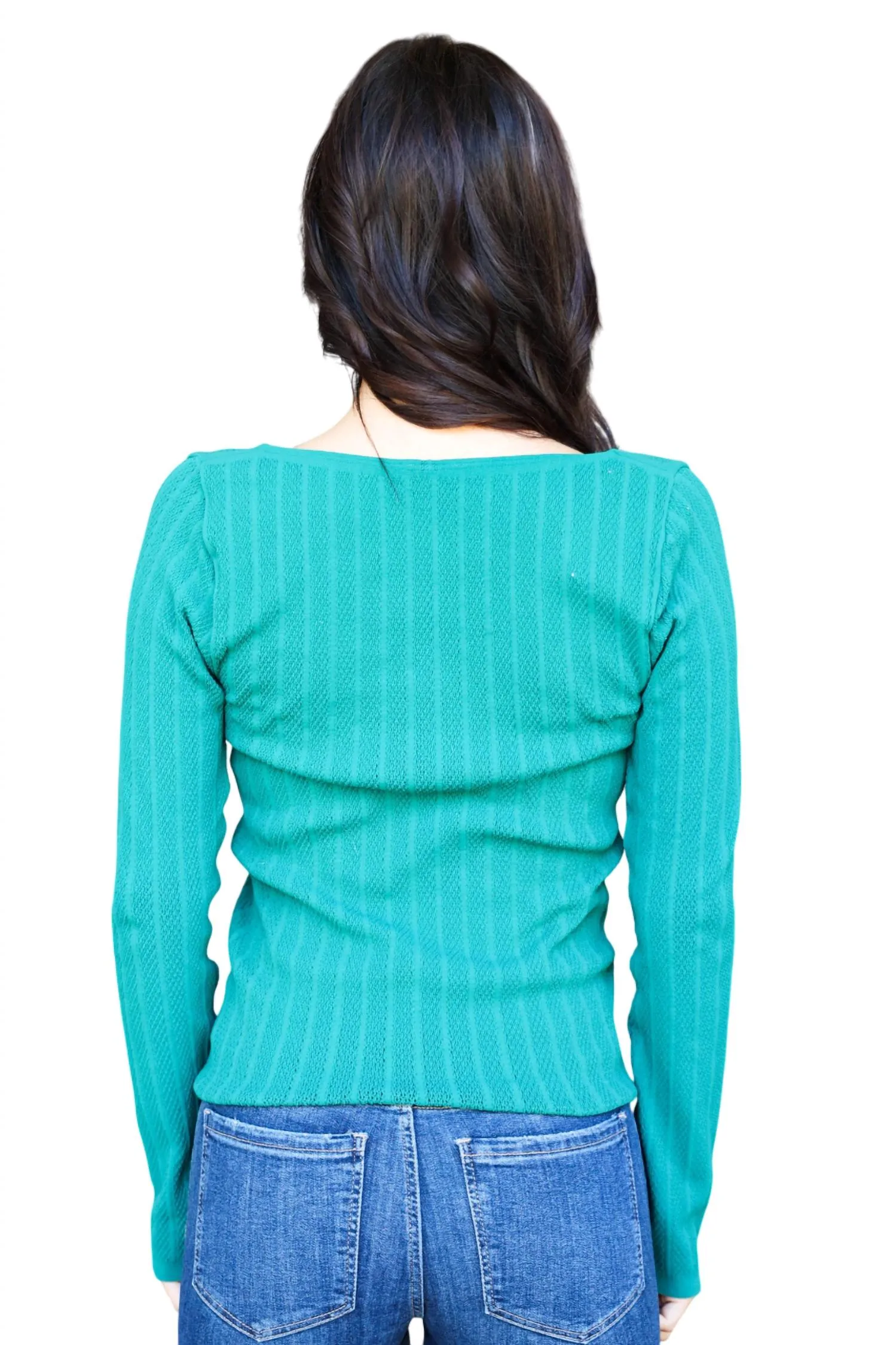 Lace Long Sleeve U-Neckline Top In Emerald