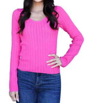 Lace Long Sleeve U-Neckline Top In Hot Pink