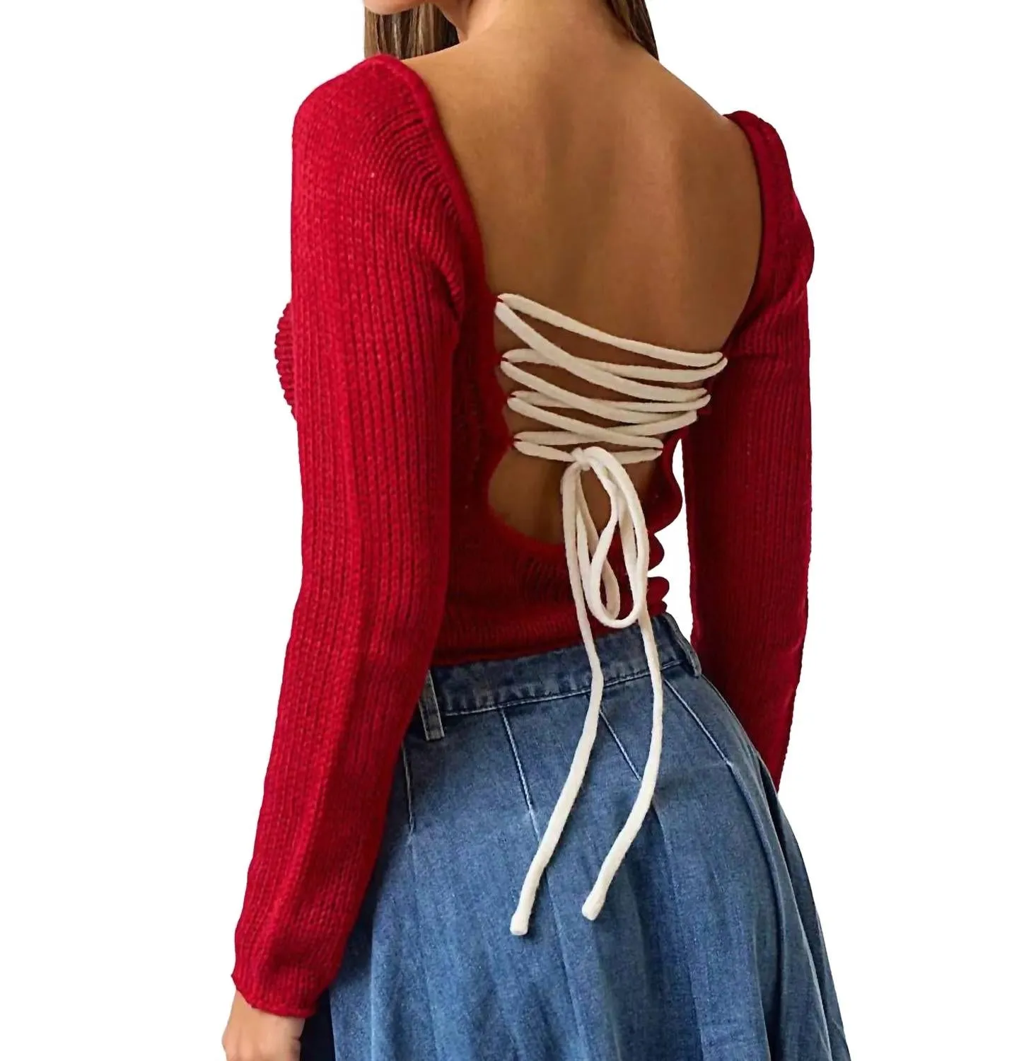 Lace Up Holiday Sweater In Red