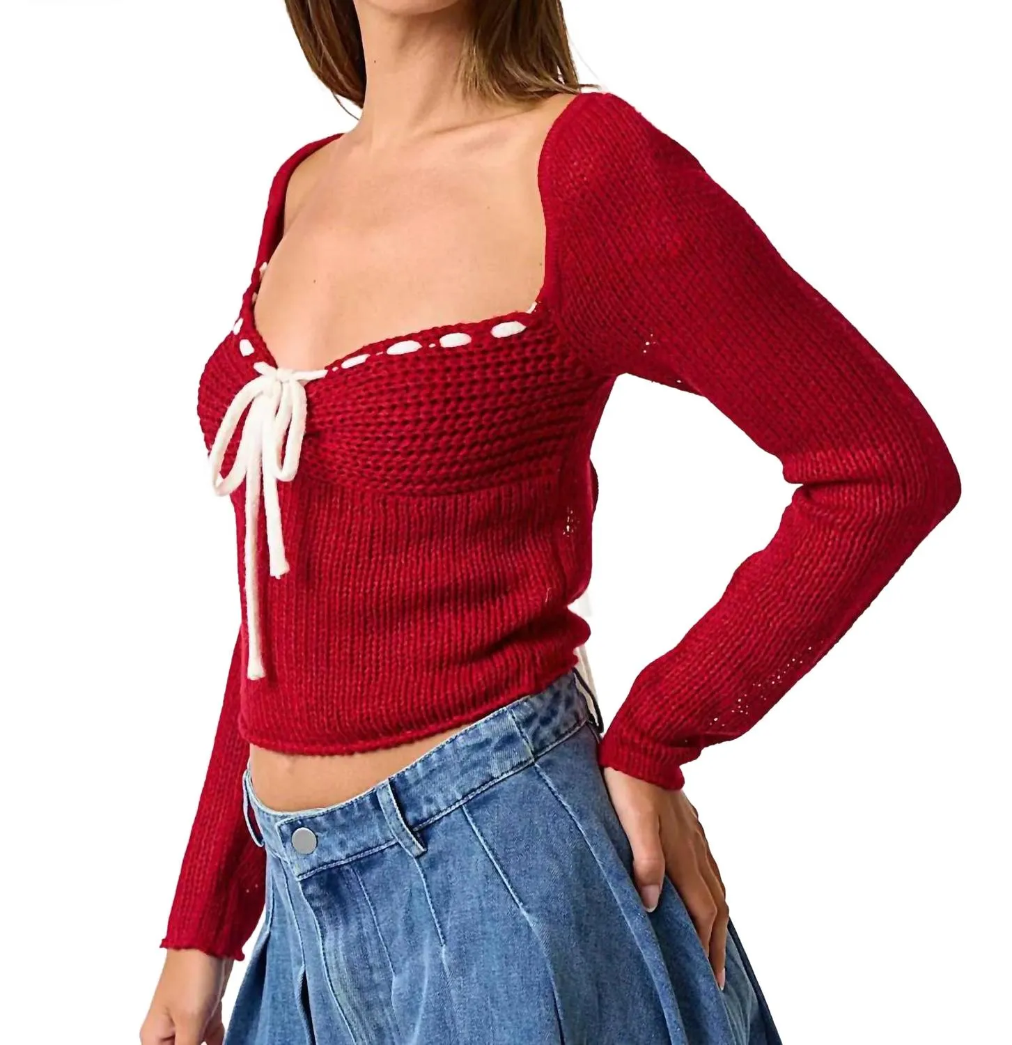 Lace Up Holiday Sweater In Red