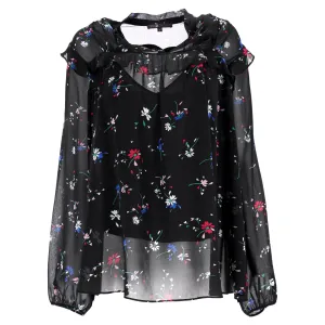 Maje Letra Ruffled Floral-Print Top In Black Polyester