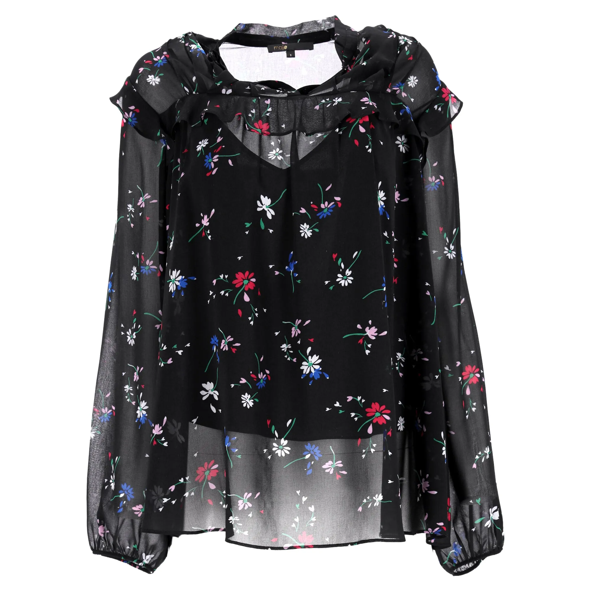 Maje Letra Ruffled Floral-Print Top In Black Polyester
