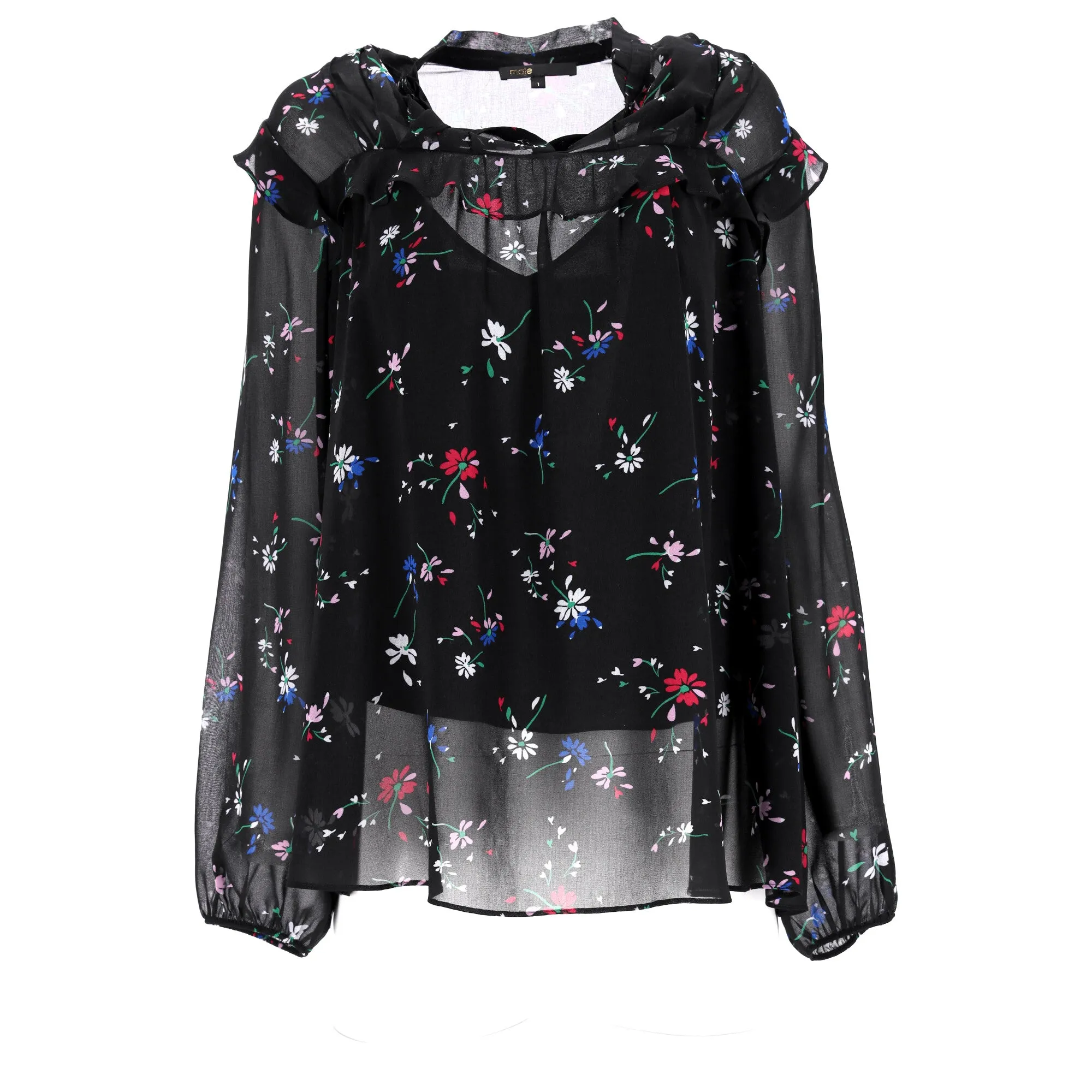 Maje Letra Ruffled Floral-Print Top In Black Polyester