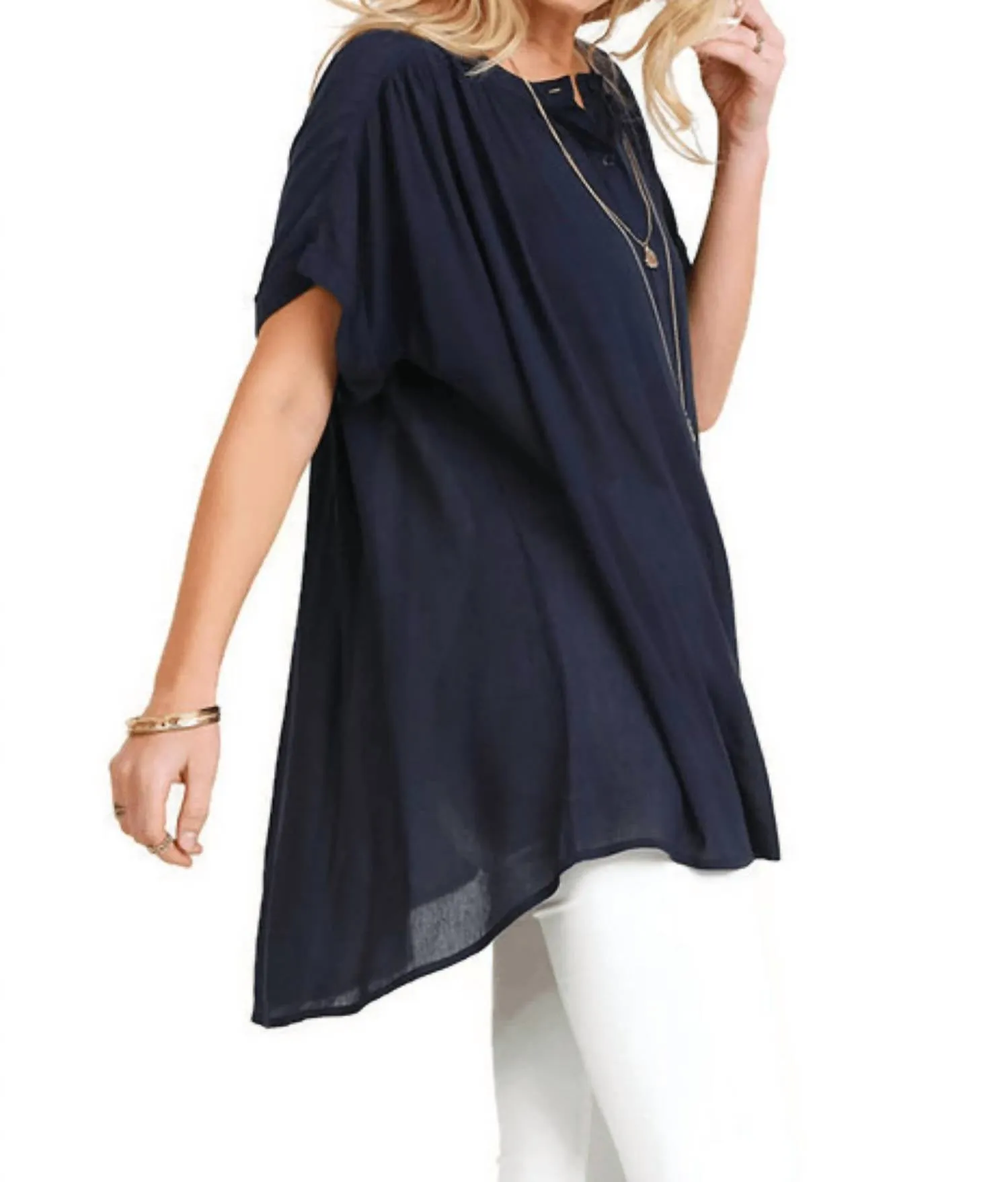 Mandarin Collar Button Up Tunic In Navy