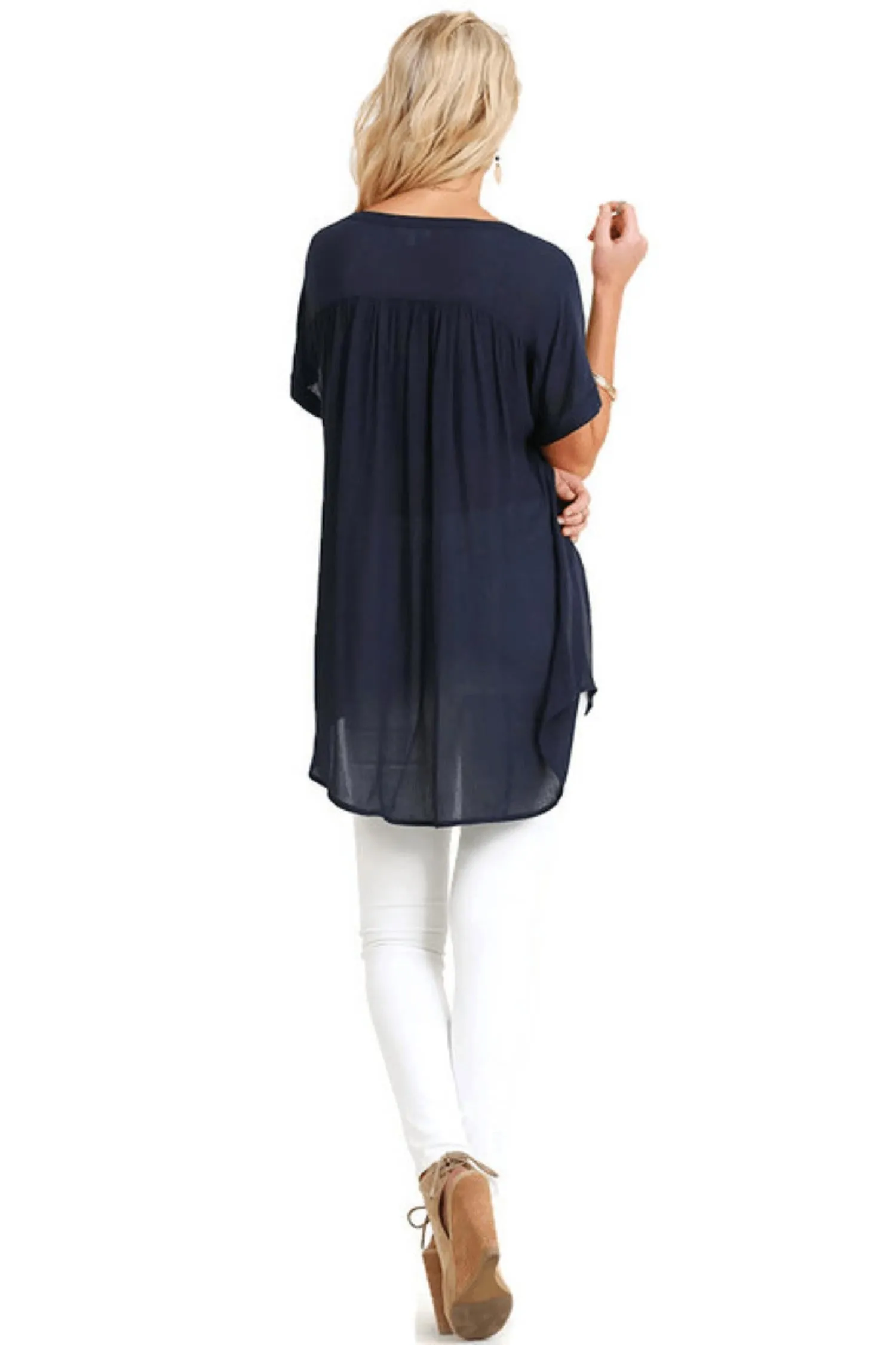 Mandarin Collar Button Up Tunic In Navy