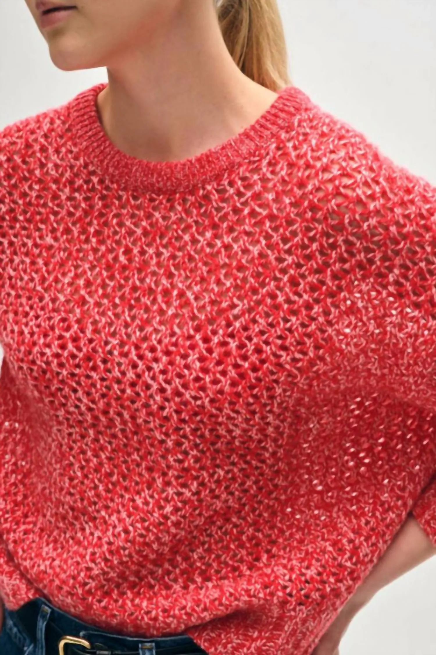 Marbled Mesh Crewneck Sweater In Bright Scarlet Combo