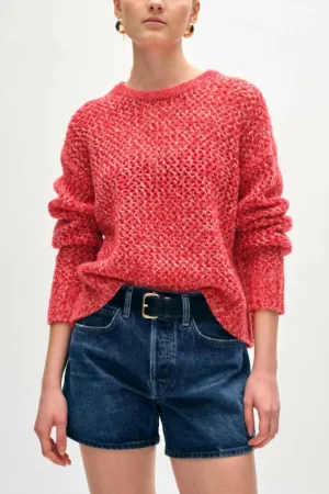 Marbled Mesh Crewneck Sweater In Bright Scarlet Combo