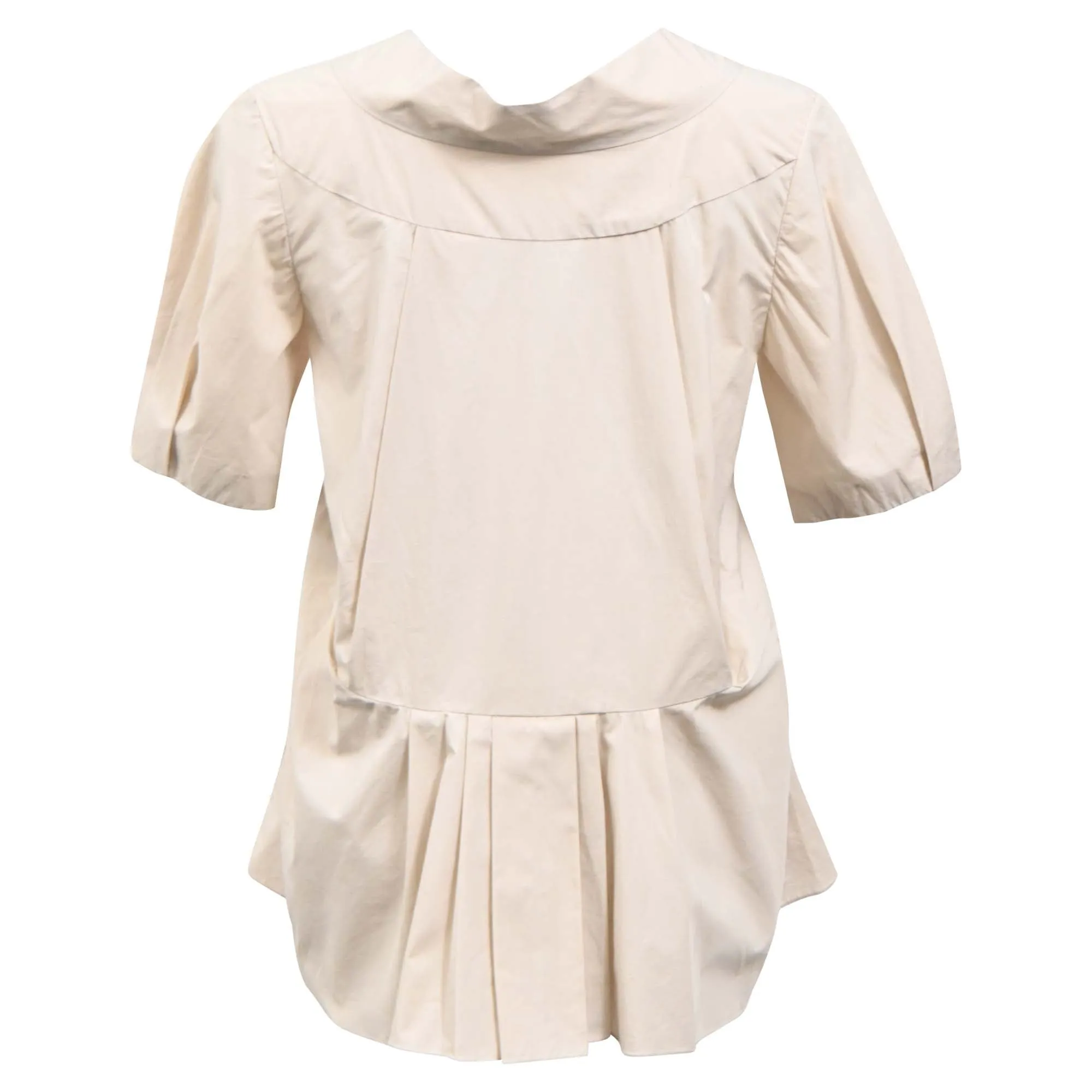 Marni Bow Pleated Short Sleeve Blouse in Beige Cotton