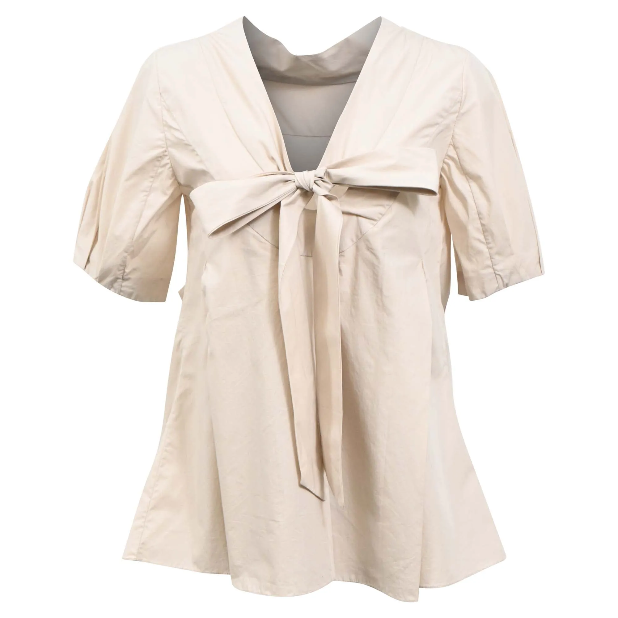 Marni Bow Pleated Short Sleeve Blouse in Beige Cotton