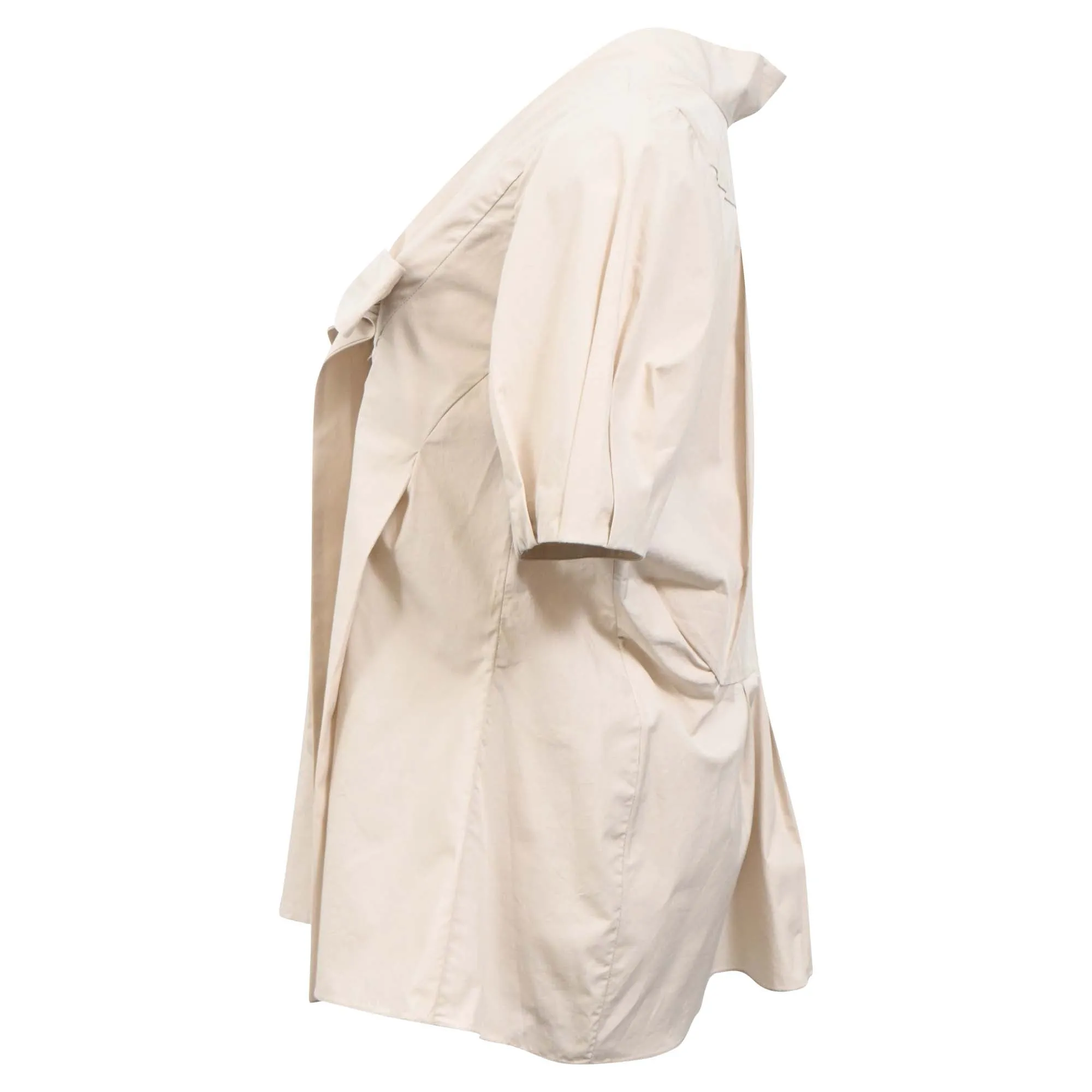 Marni Bow Pleated Short Sleeve Blouse in Beige Cotton