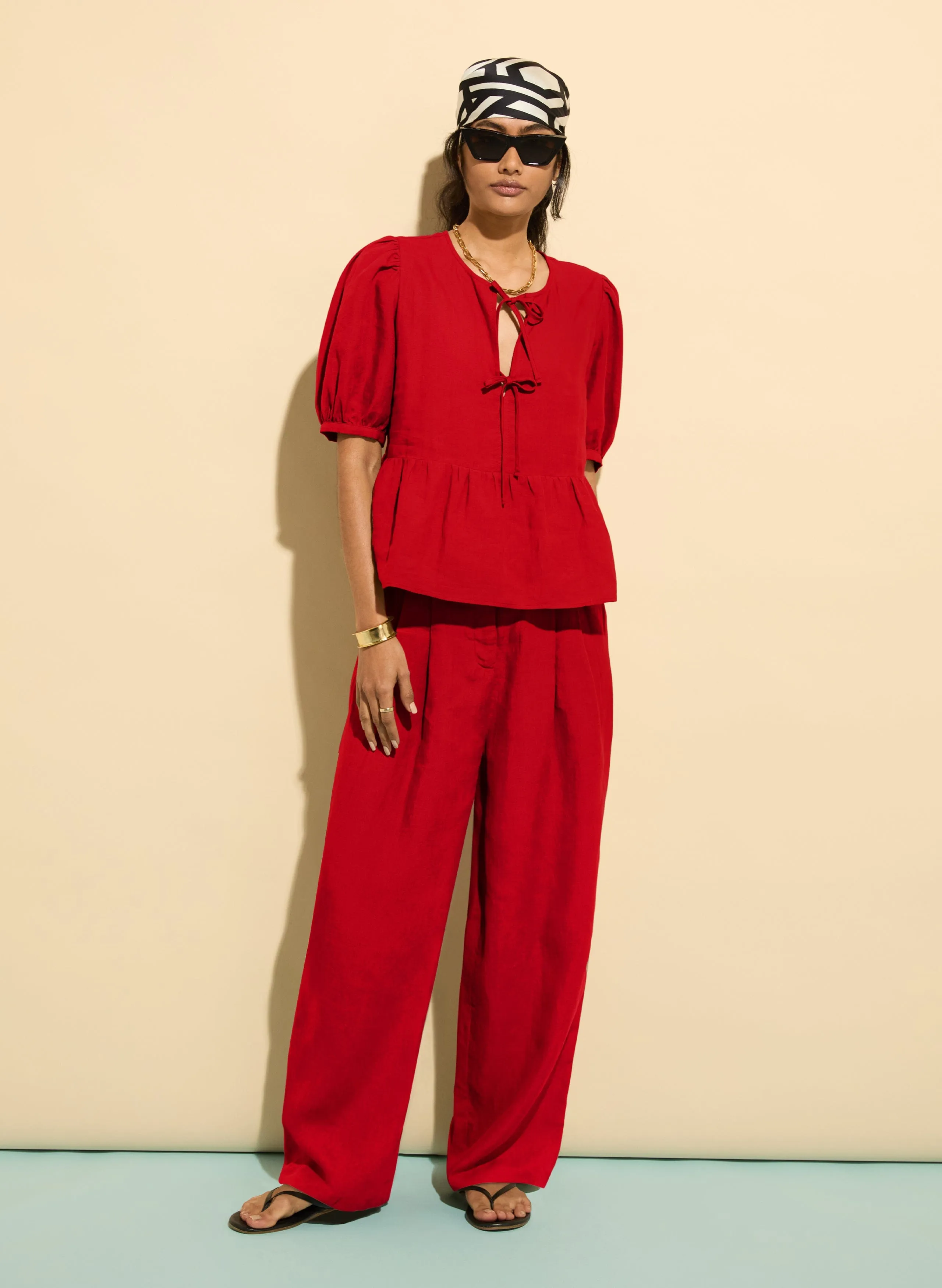Marylinn Linen Tie Detail Blouse | Crimson Red