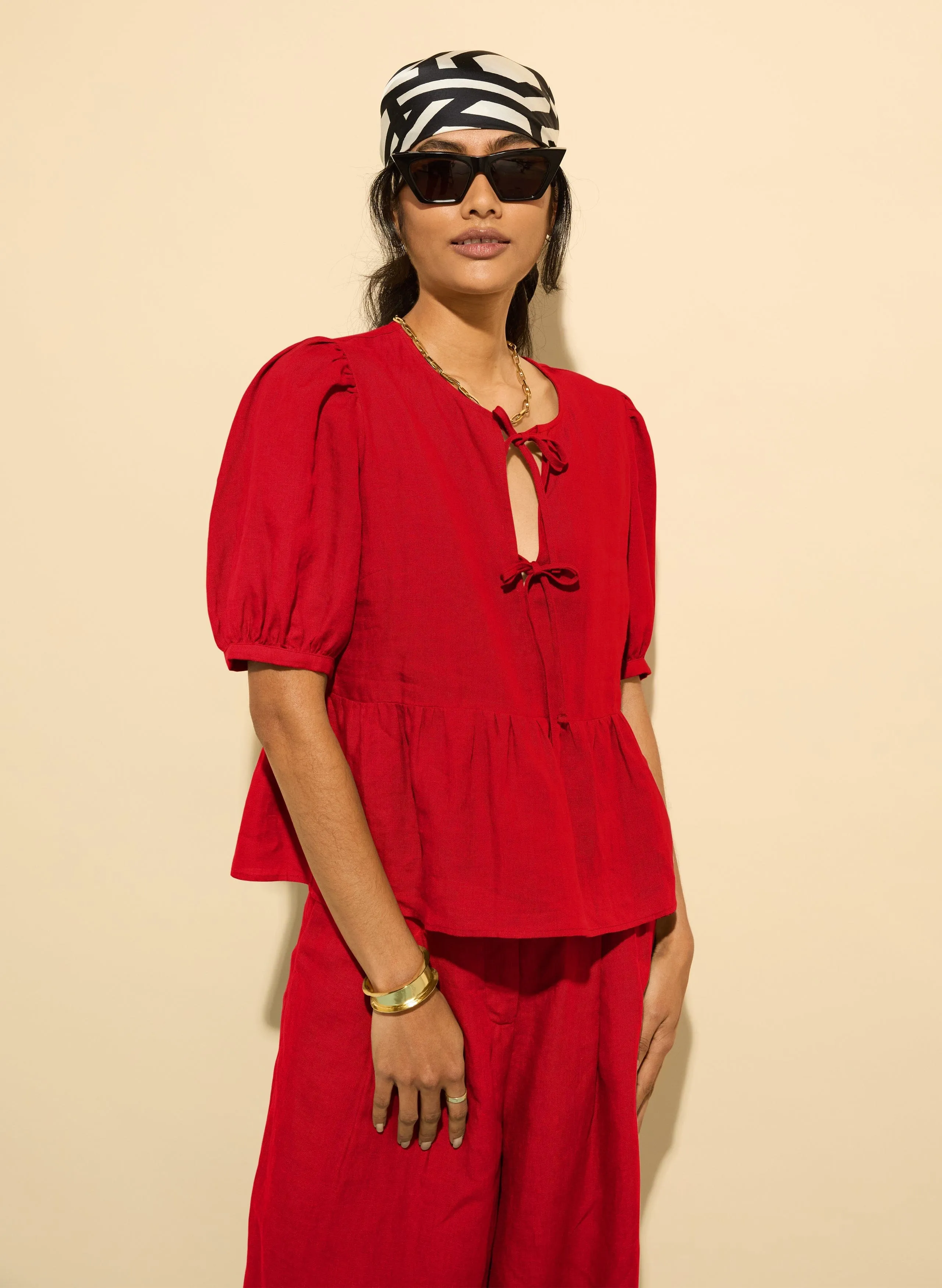 Marylinn Linen Tie Detail Blouse | Crimson Red