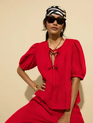 Marylinn Linen Tie Detail Blouse | Crimson Red