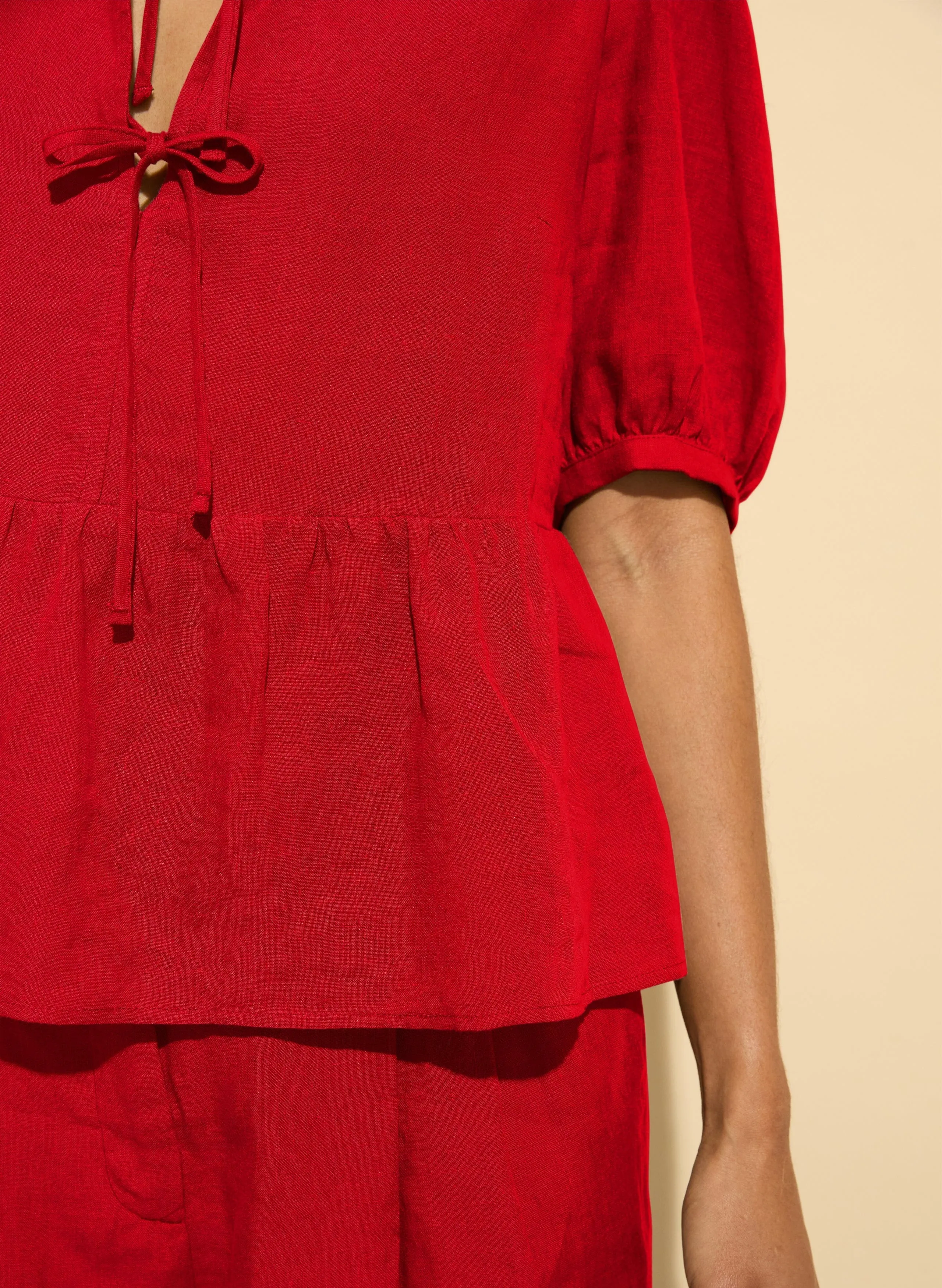 Marylinn Linen Tie Detail Blouse | Crimson Red