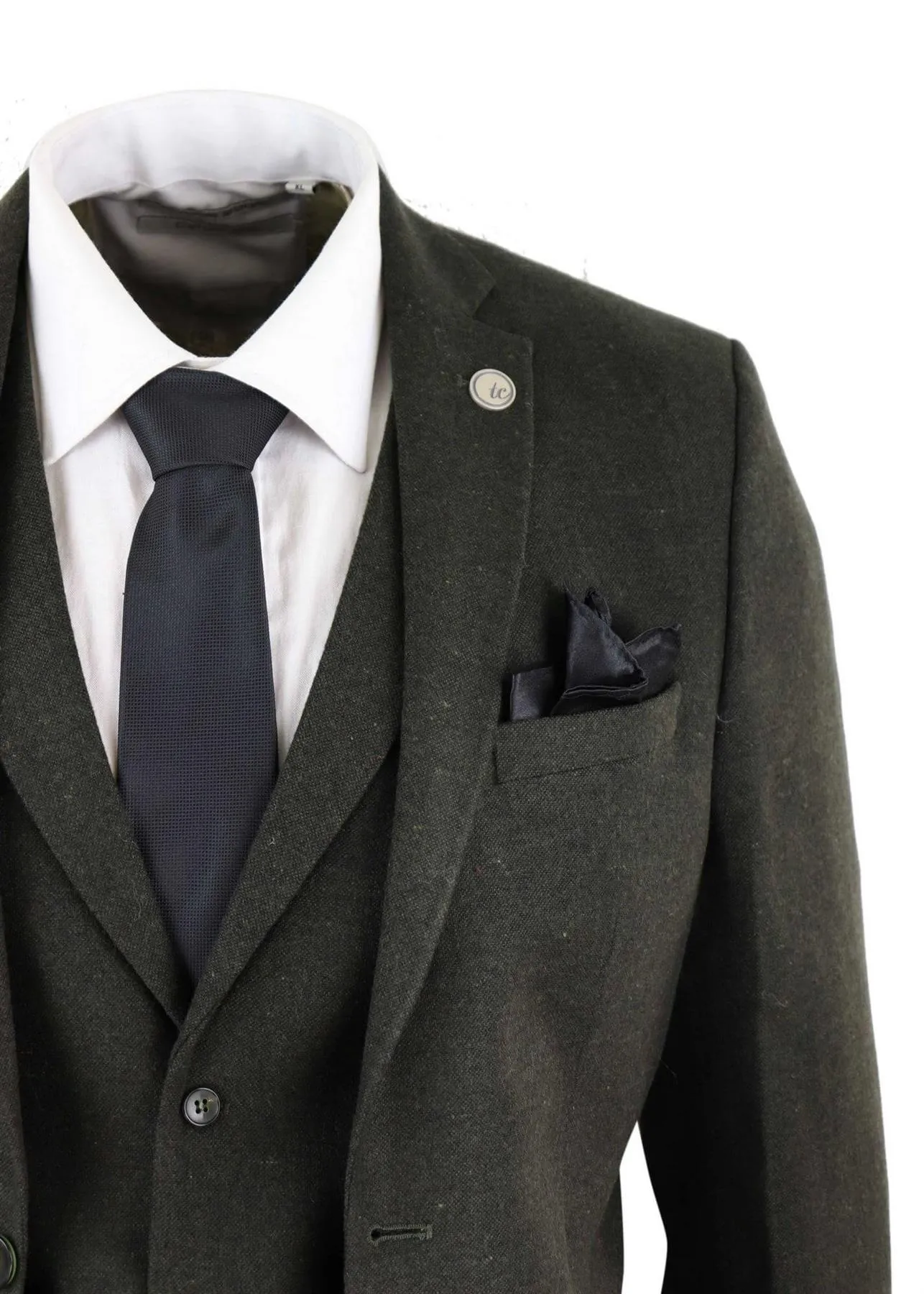 Mens 3 Piece Olive Green Wool Tweed Vintage Retro Suit