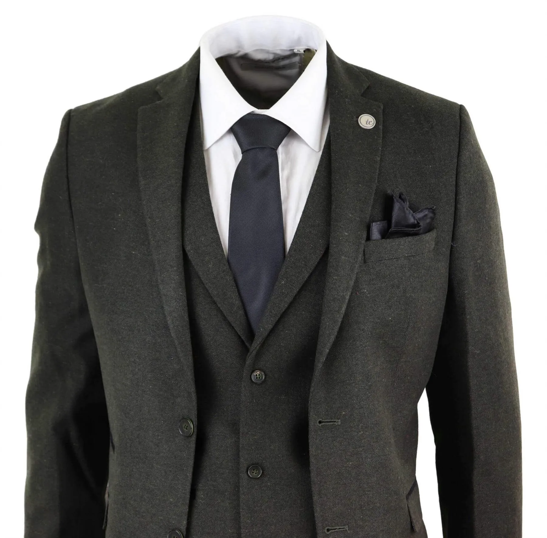 Mens 3 Piece Olive Green Wool Tweed Vintage Retro Suit