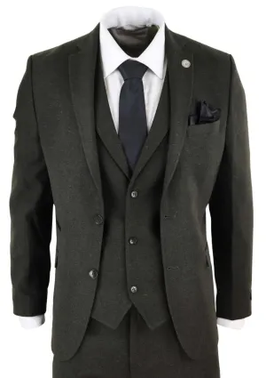 Mens 3 Piece Olive Green Wool Tweed Vintage Retro Suit