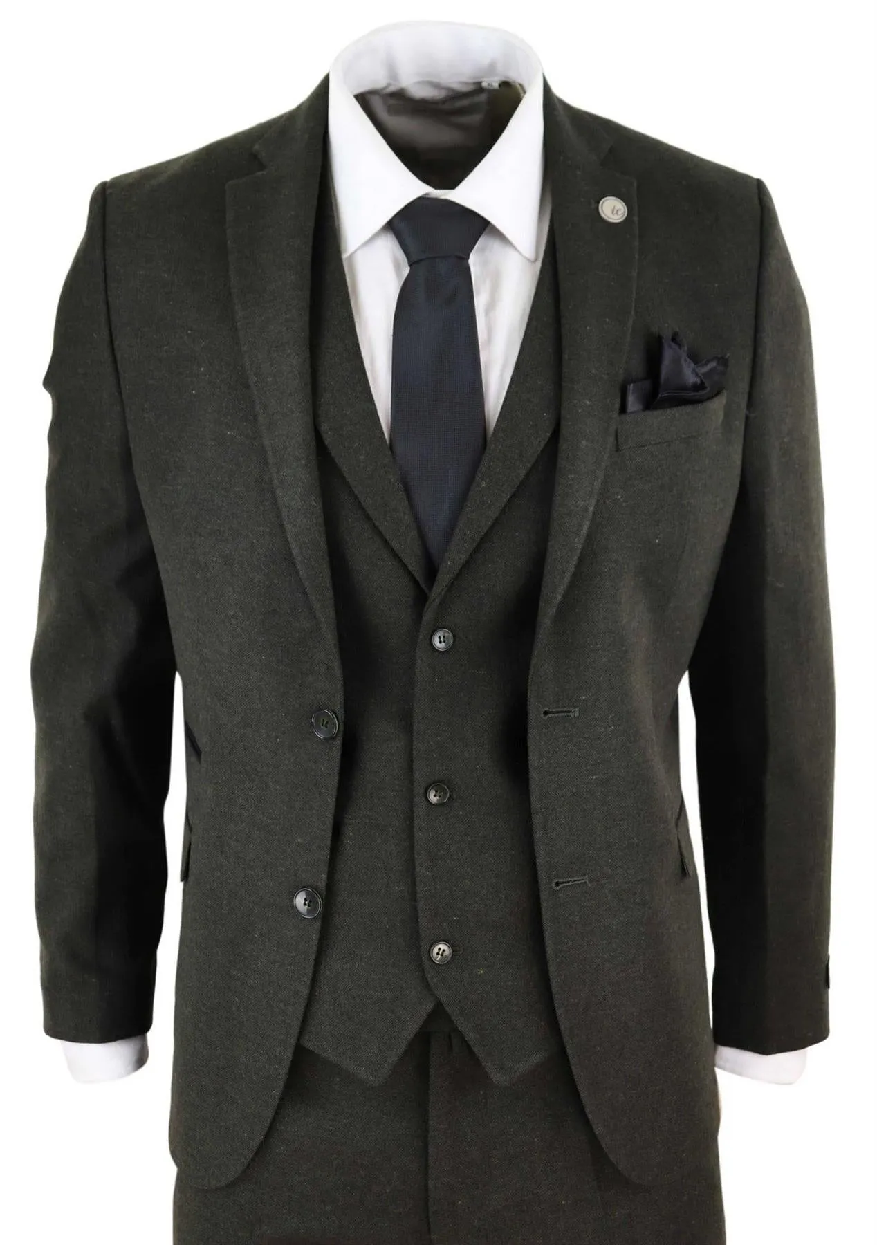 Mens 3 Piece Olive Green Wool Tweed Vintage Retro Suit