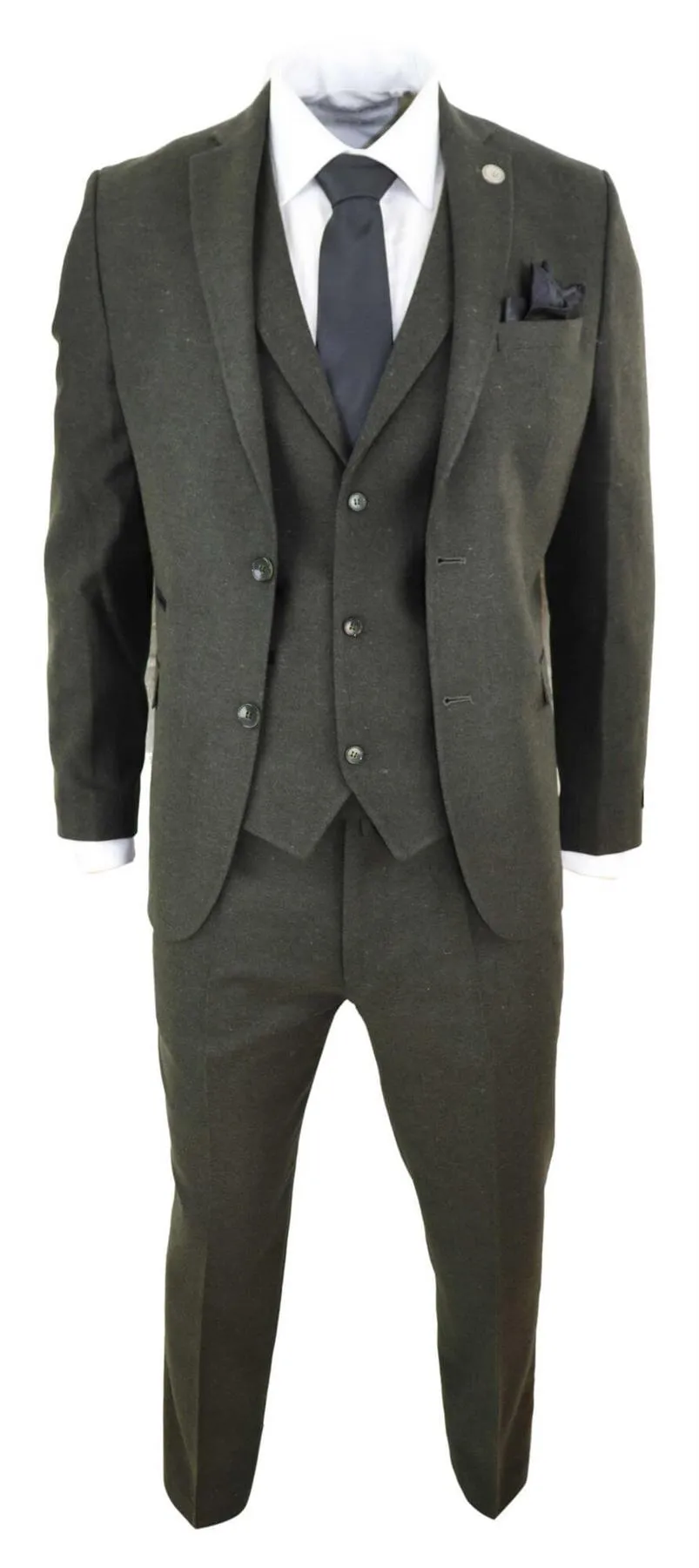 Mens 3 Piece Olive Green Wool Tweed Vintage Retro Suit